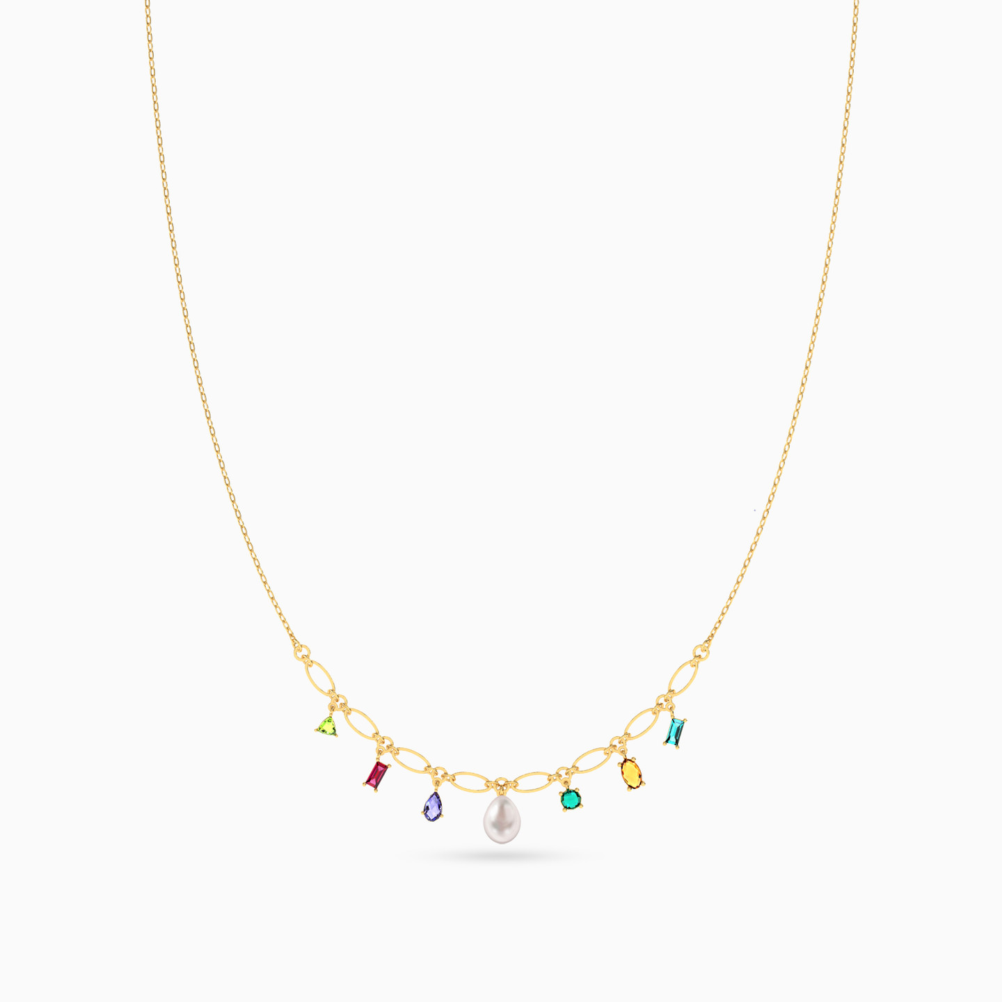 Multishaped Pearl & Colored Stones Chain Necklace in 18K Gold - 3