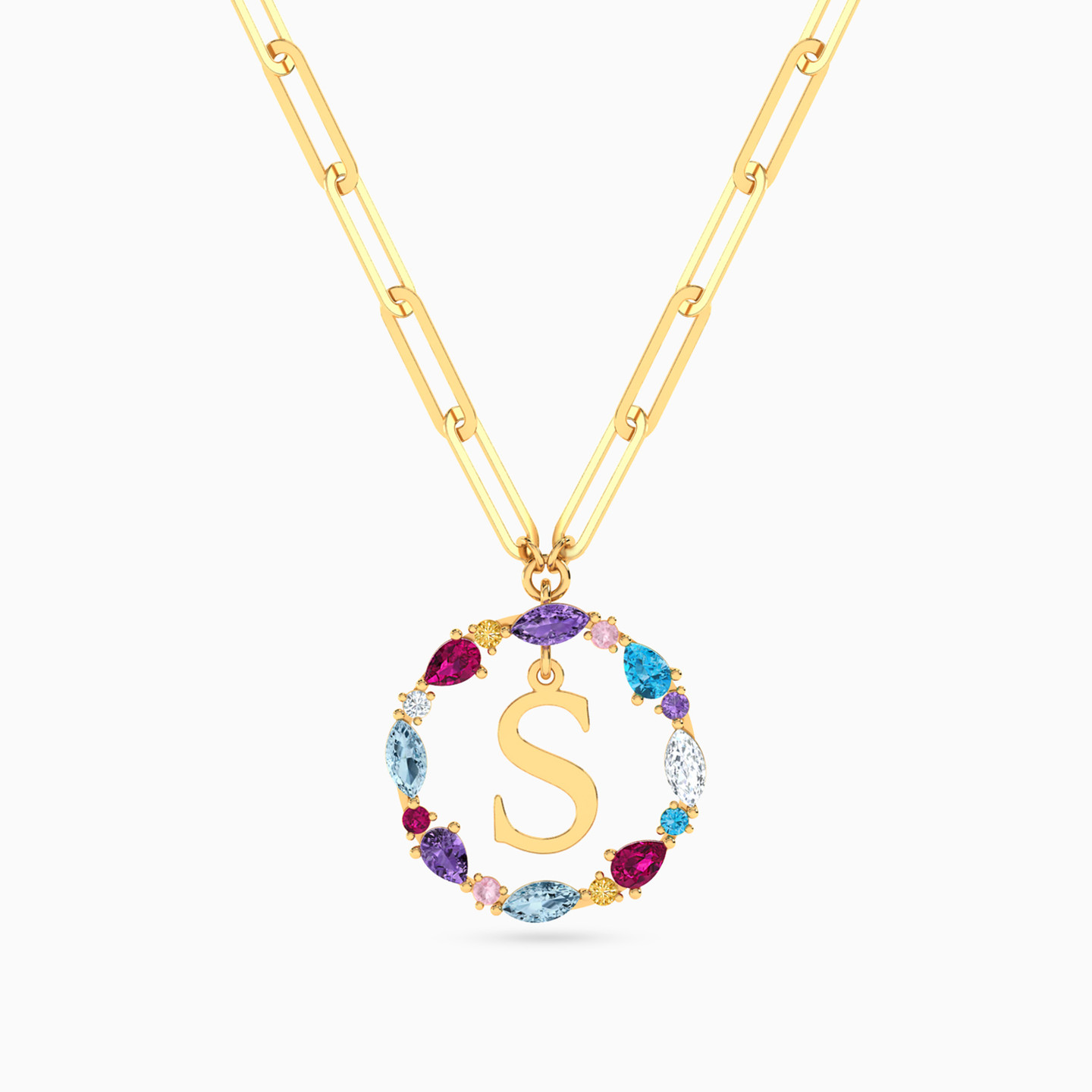 سلسلة ذهب حرف S عيار 18 قيراط مزينة بالأحجار الملونة سلسلة ذهب حرف S عيار 18 قيراط مزينة بالأحجار الملونة