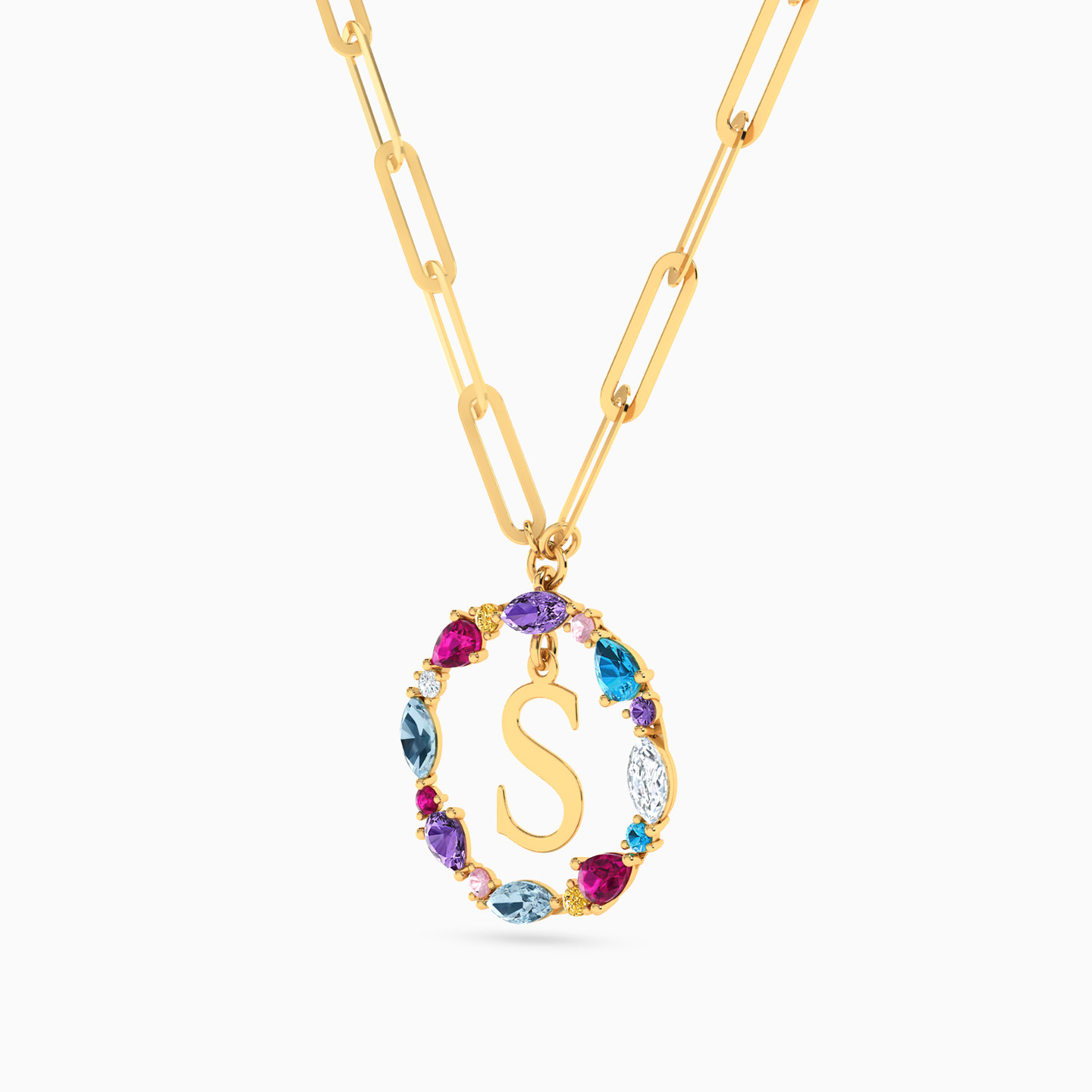 سلسلة ذهب حرف S عيار 18 قيراط مزينة بالأحجار الملونة - 2 سلسلة ذهب حرف S عيار 18 قيراط مزينة بالأحجار الملونة - 2