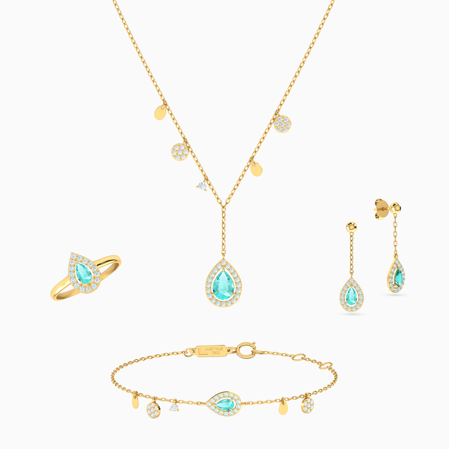 18K Gold Colored Stones Jewelry Set - 4 Pieces