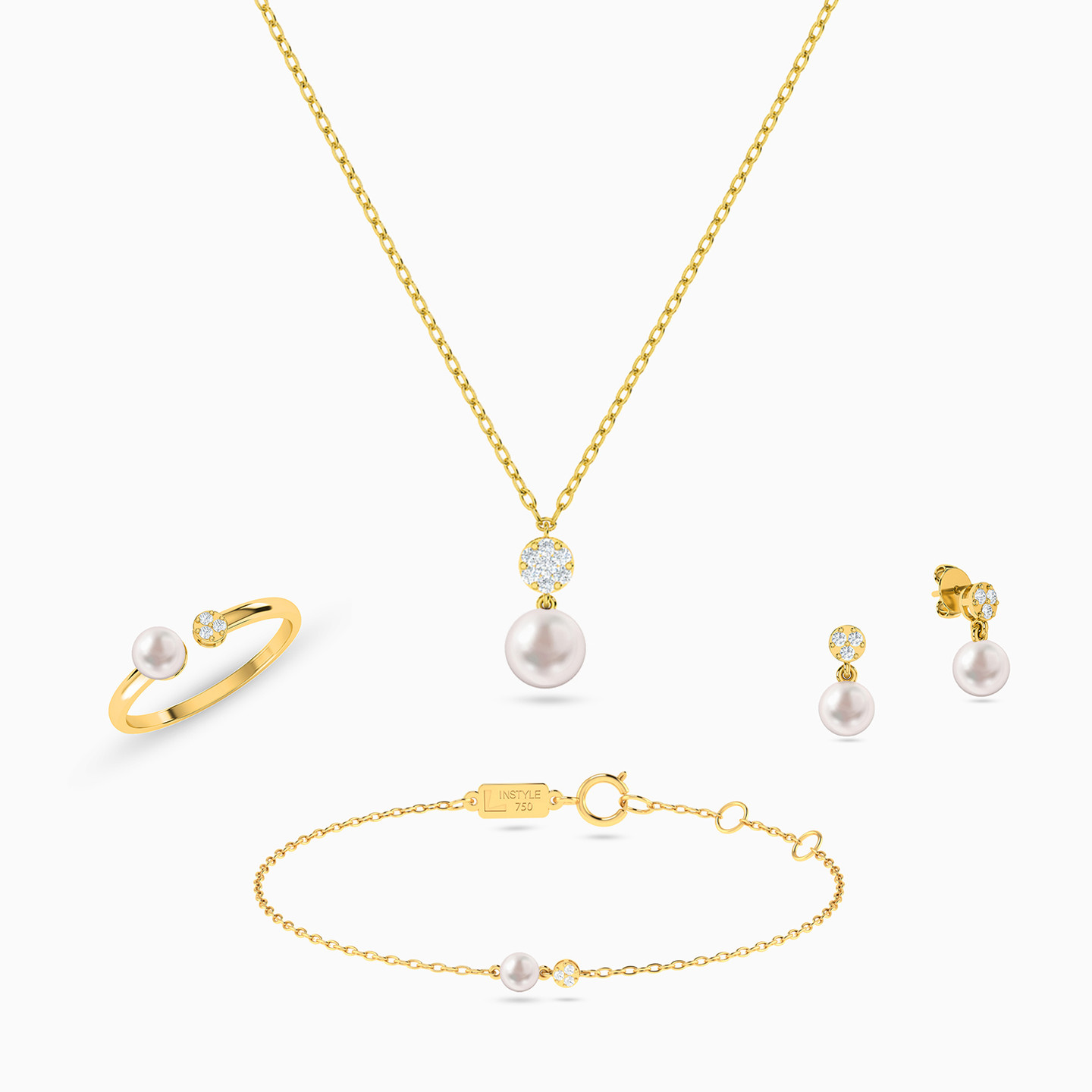 Round Pearls & Colored Stones Full Set in 18K Gold (4 Pieces) Round Pearls & Colored Stones Full Set in 18K Gold (4 Pieces)