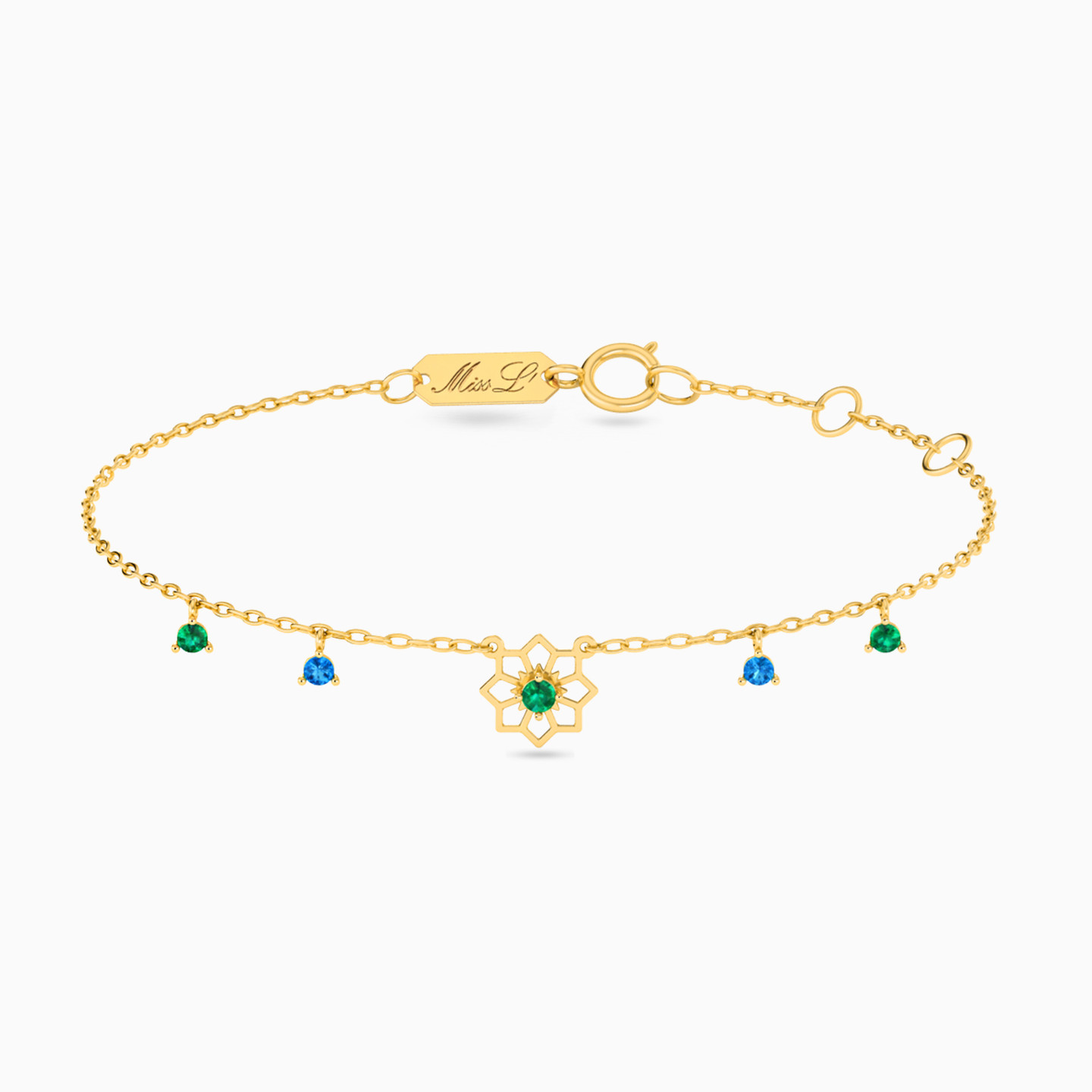 Flower Colored Stones Chain Bracelet in 18K Gold