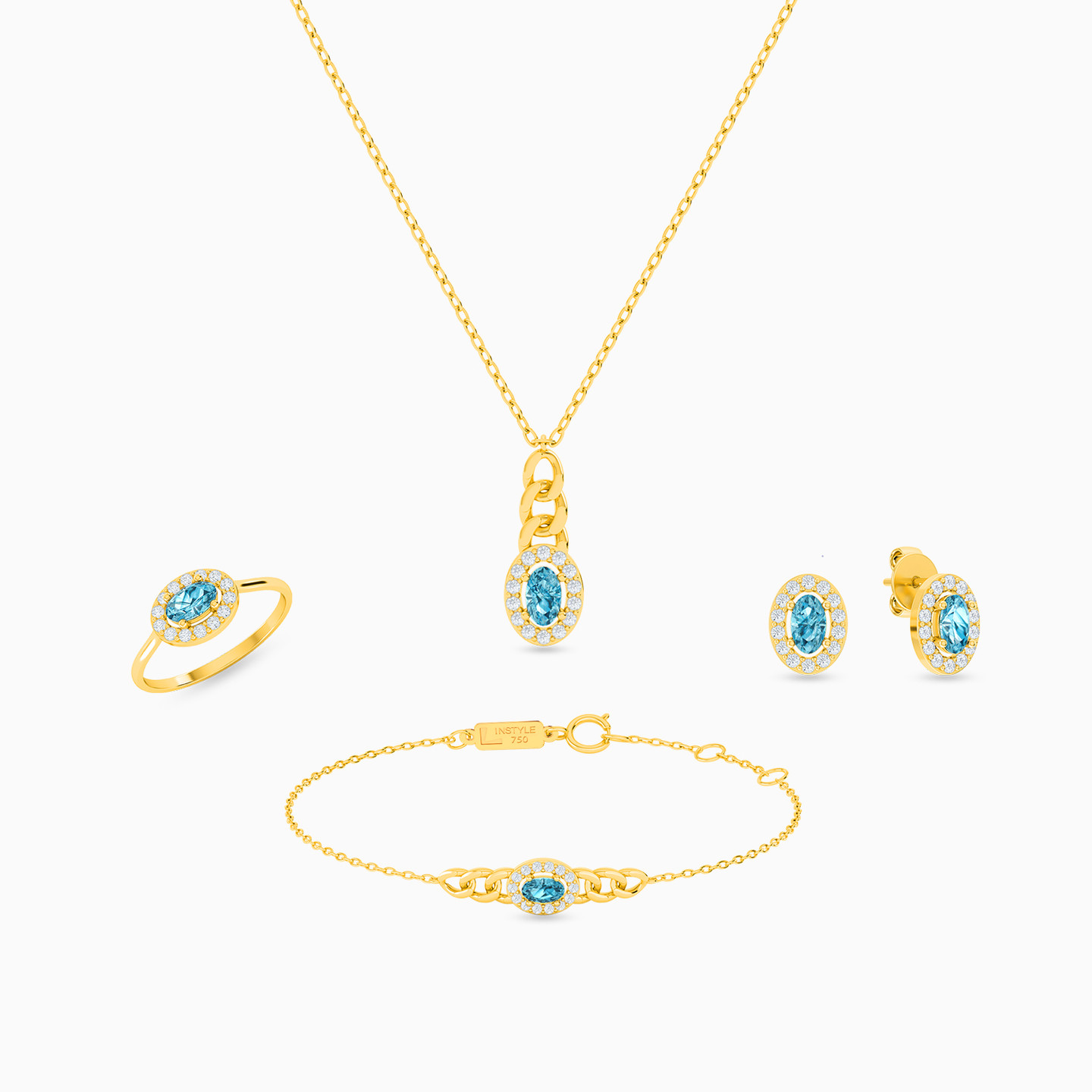 18K Gold Colored Stones Jewelry Set - 4 Pieces