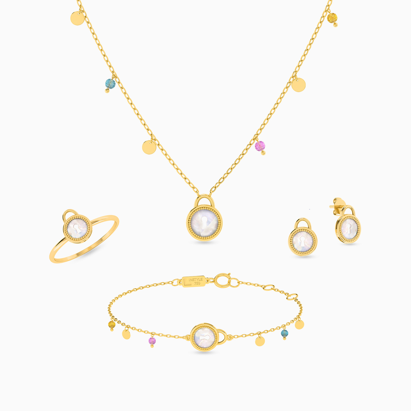 18K Gold Colored Stones Jewelry Set - 4 Pieces