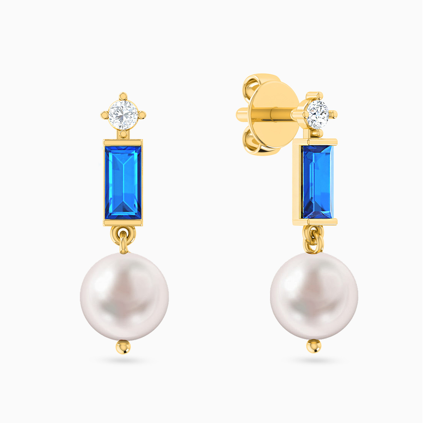 Round Pearls & Blue Stone Drop Earrings in 18K Gold - 2 Round Pearls & Blue Stone Drop Earrings in 18K Gold - 2