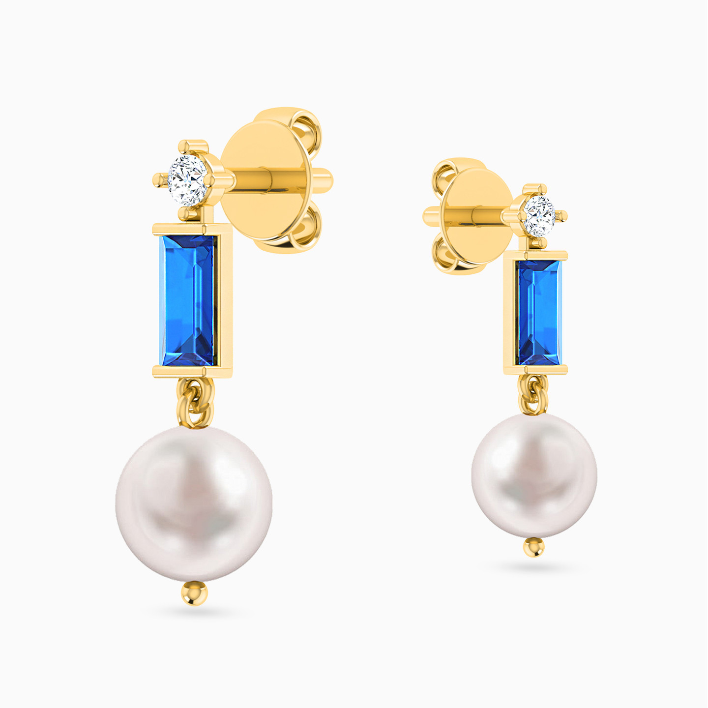 Round Pearls & Blue Stone Drop Earrings in 18K Gold - 3 Round Pearls & Blue Stone Drop Earrings in 18K Gold - 3