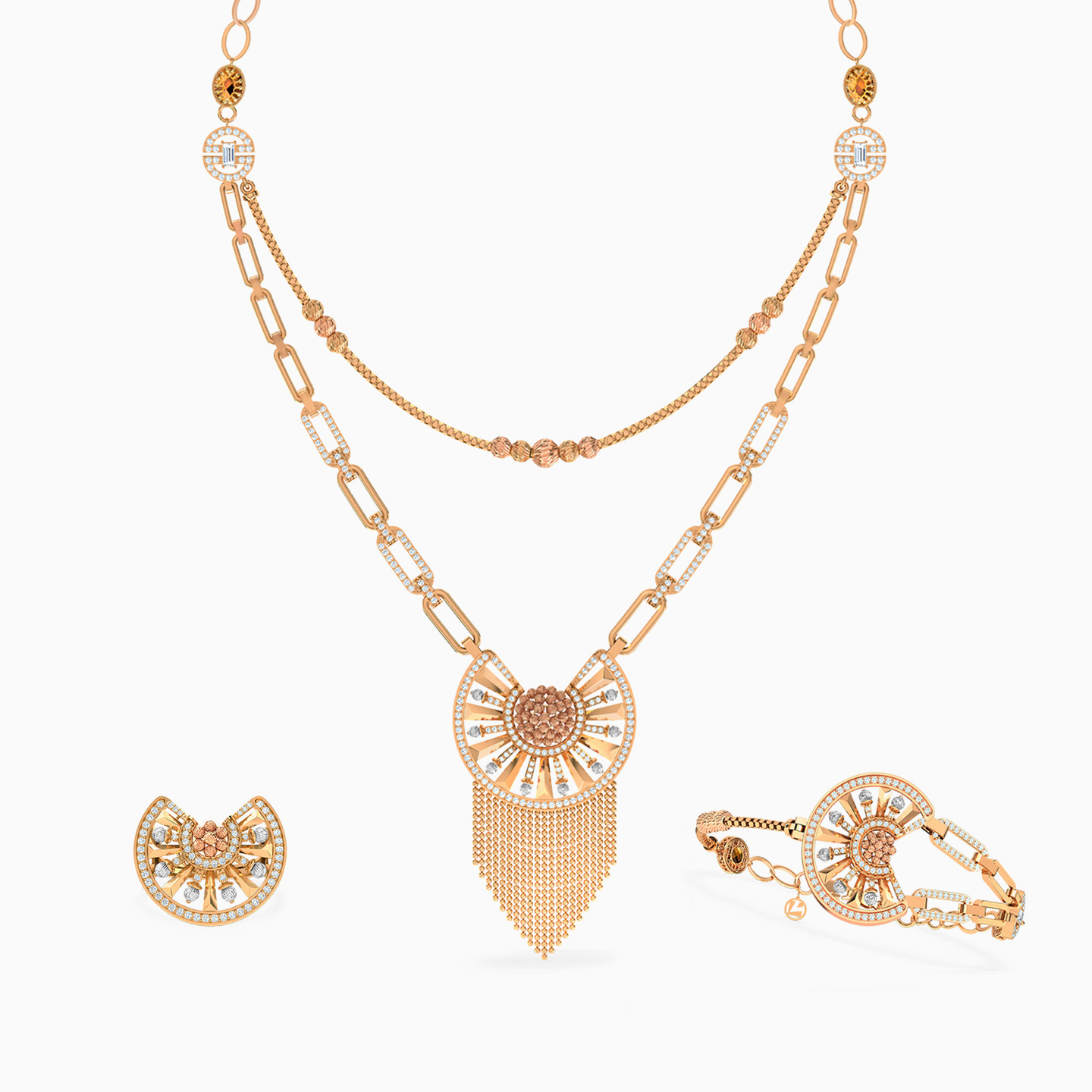21K Gold Colored Stones Jewelry Set - 3 Pieces