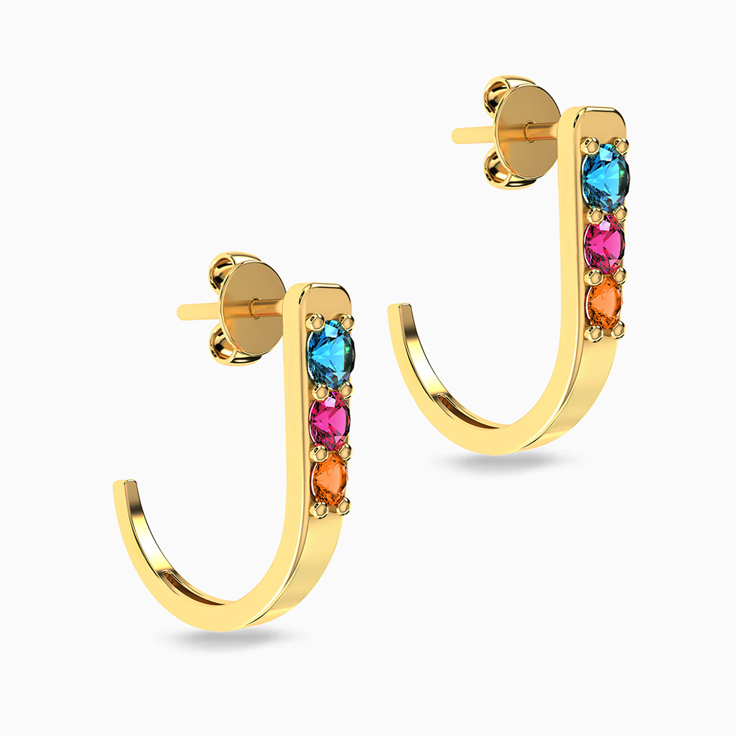 18K Gold Colored Stones Hoop Earrings - 2