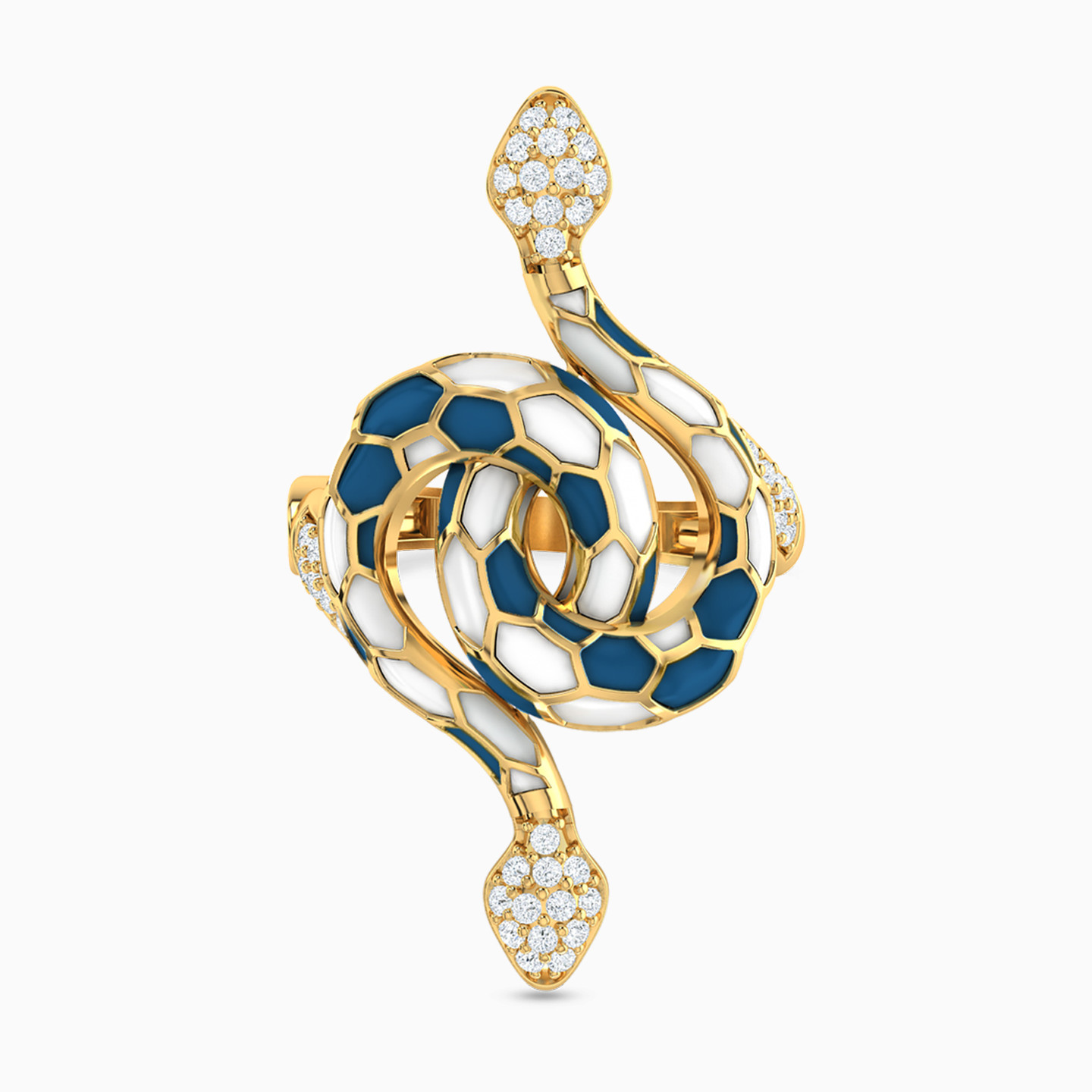 Snake Cubic Zirconia & Enamel Coated Two-headed Ring in 18K Gold