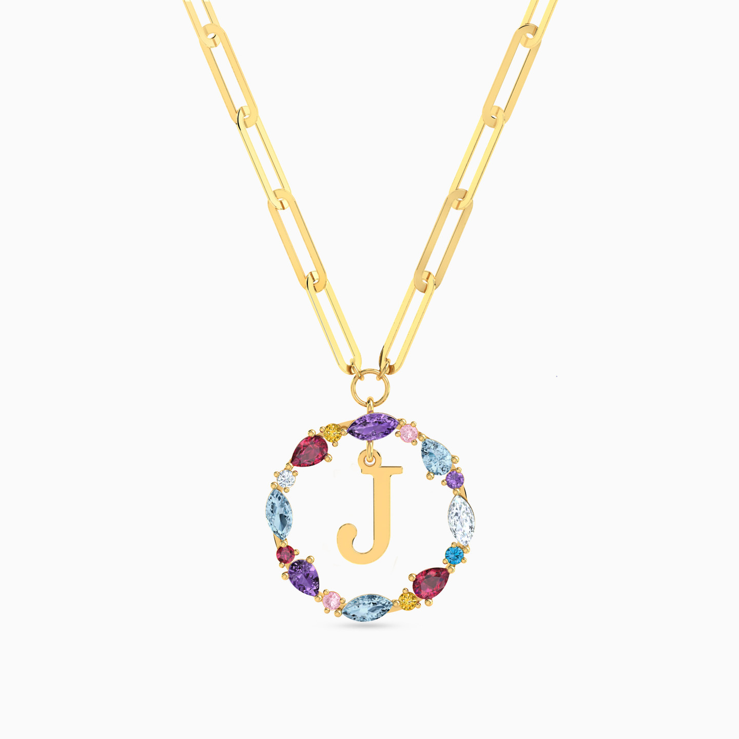 Letter J Colored Stones Necklace in 18K Gold