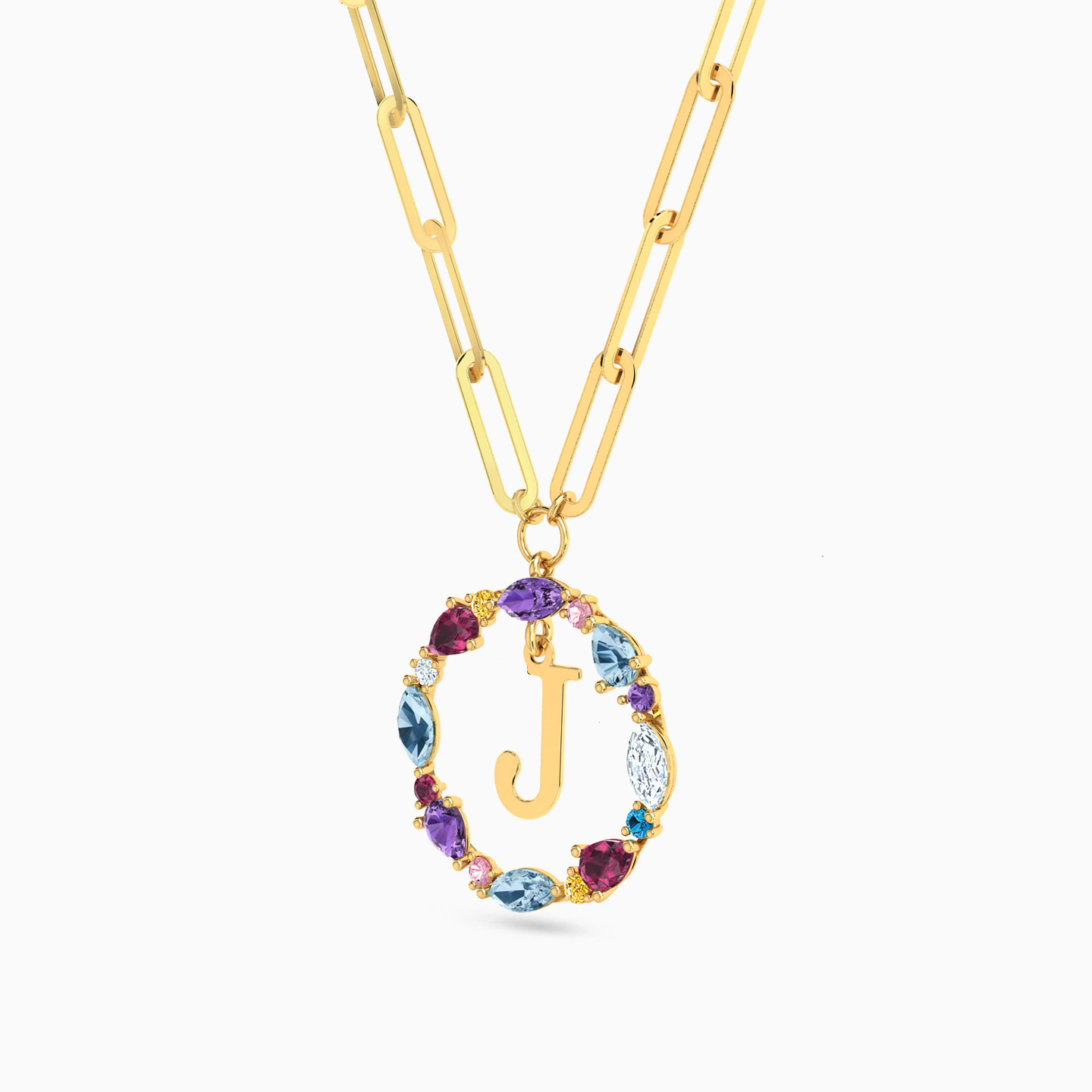 Letter J Colored Stones Necklace in 18K Gold