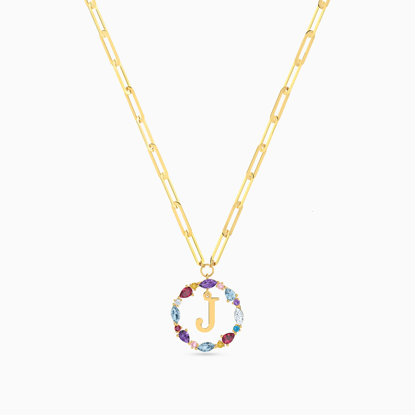 Letter J Colored Stones Necklace in 18K Gold