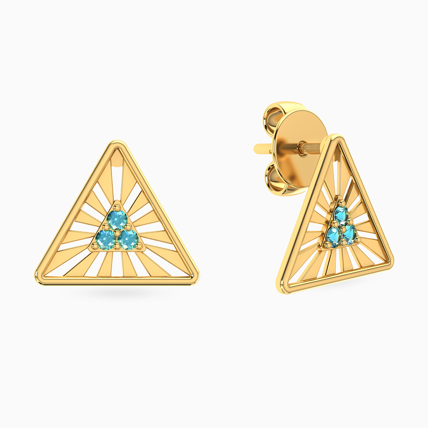 Triangle Colored Stones Stud Earrings in 14K Gold - 2 Triangle Colored Stones Stud Earrings in 14K Gold - 2