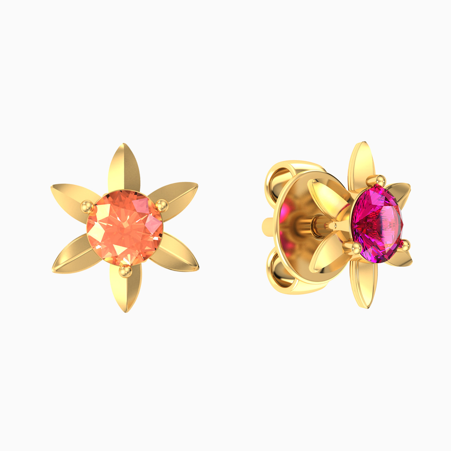 Flower Colored Stones Stud Earrings in 14K Gold - 2 Flower Colored Stones Stud Earrings in 14K Gold - 2