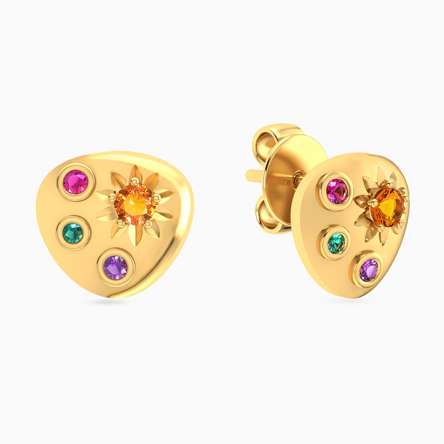 14K Gold Colored Stones Stud Earrings - 2
