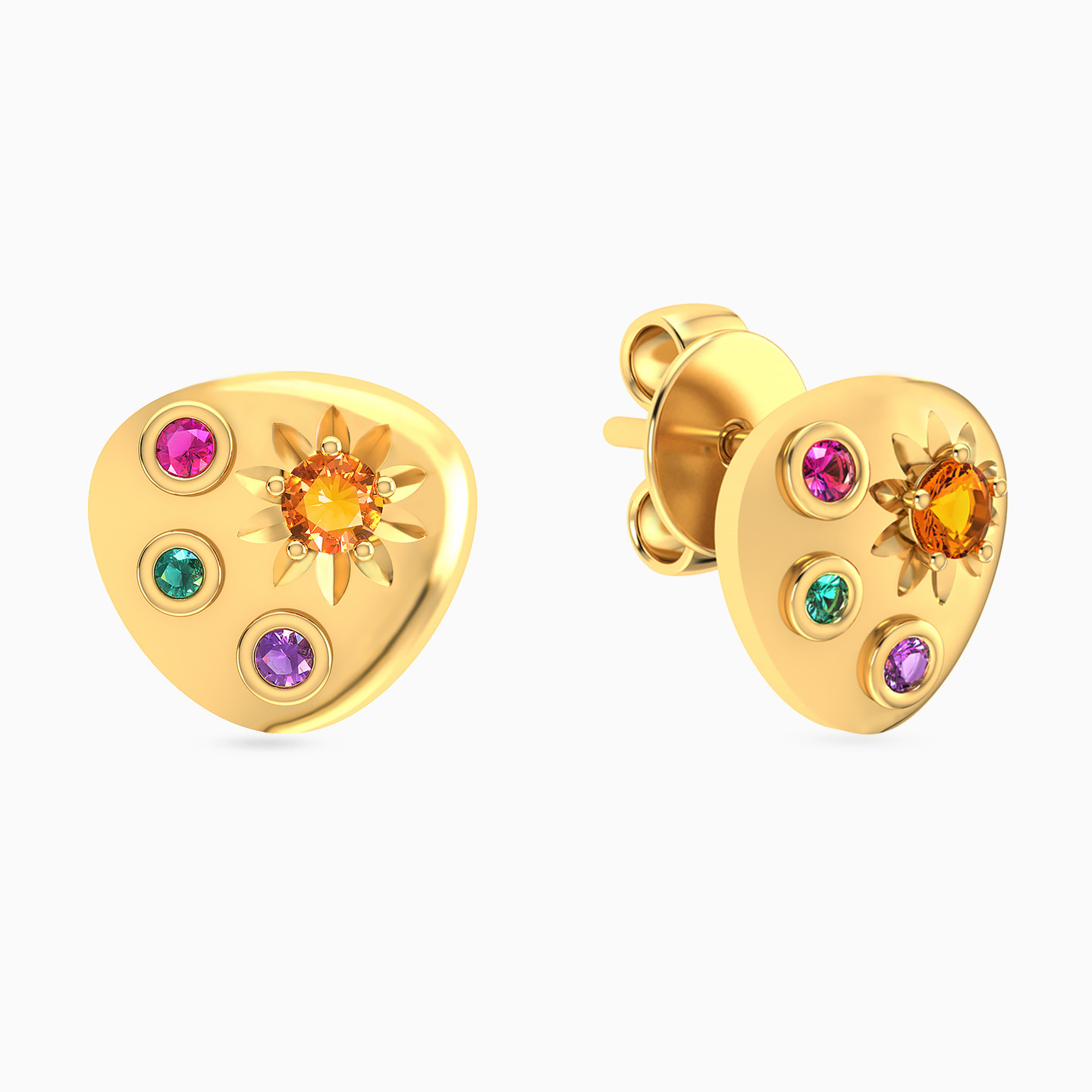 Circle Colored Stones Stud Earrings in 14K Gold - 2 Circle Colored Stones Stud Earrings in 14K Gold - 2