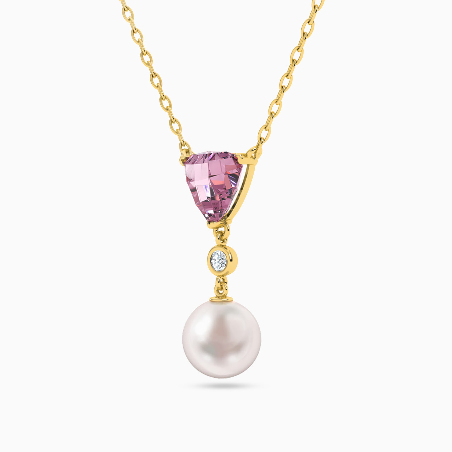 Triangle Pearl & Rose Stone Necklace in 18K Gold - 2 Triangle Pearl & Rose Stone Necklace in 18K Gold - 2