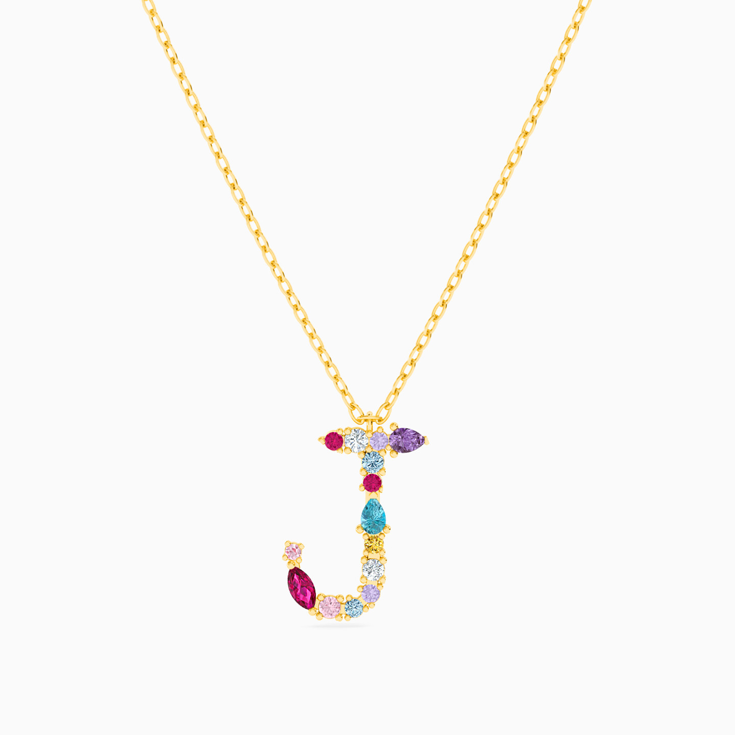 Letter J Colored Stones Pendant with 18K Gold Chain