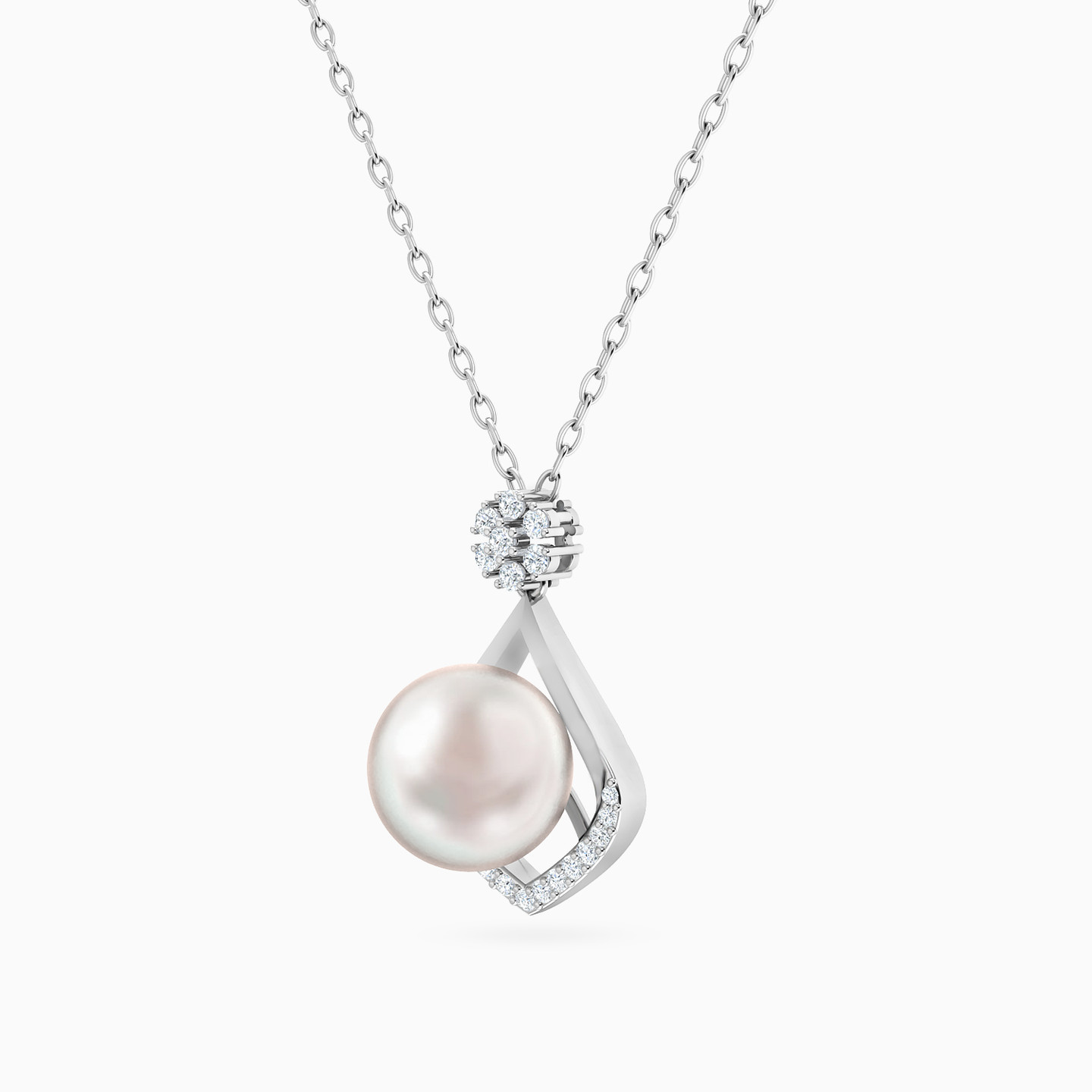 Square Diamond & Pearl Necklace in 18K Gold - 2 Square Diamond & Pearl Necklace in 18K Gold - 2