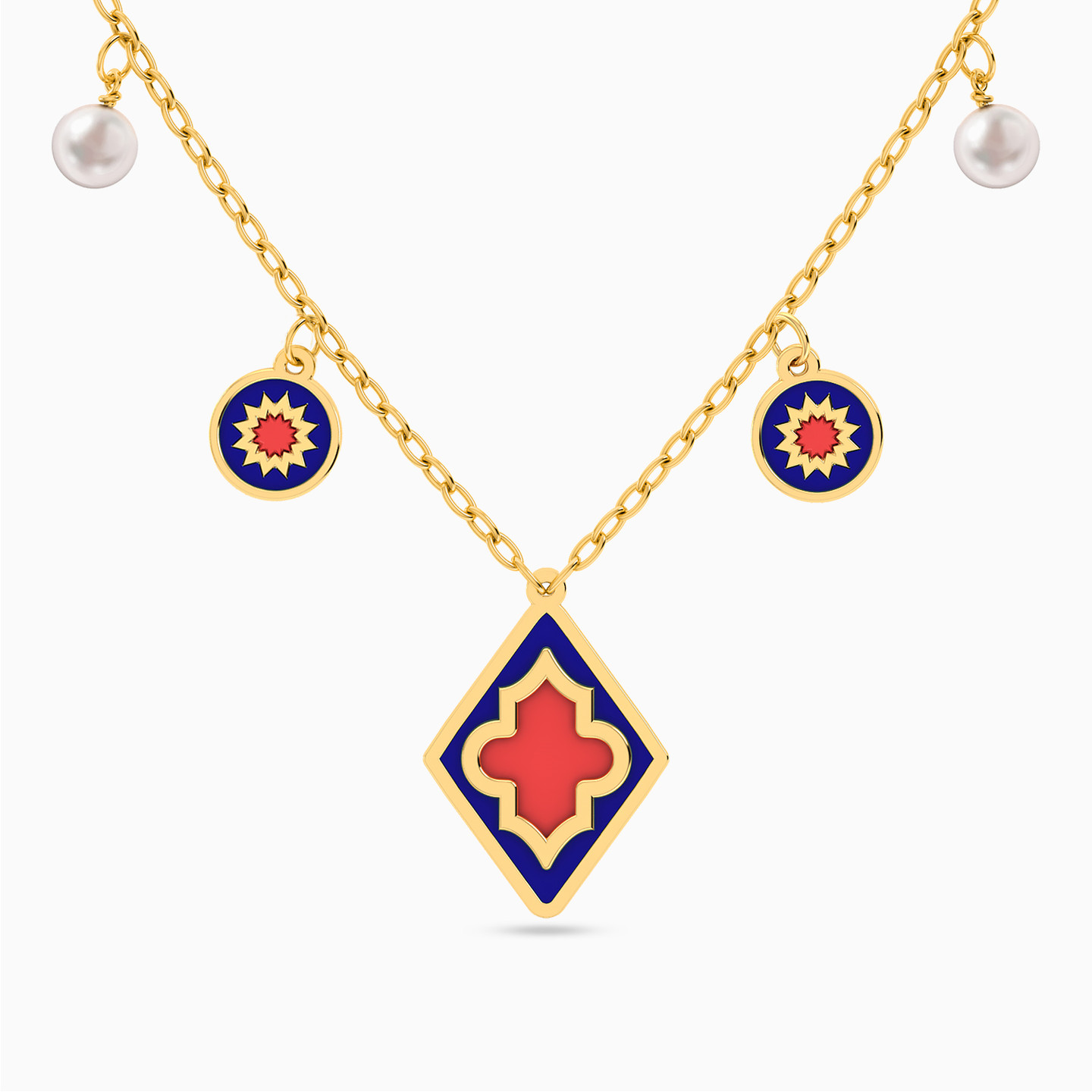 Rhombus Pearl & Colored Stones Necklace in 18K Gold Rhombus Pearl & Colored Stones Necklace in 18K Gold