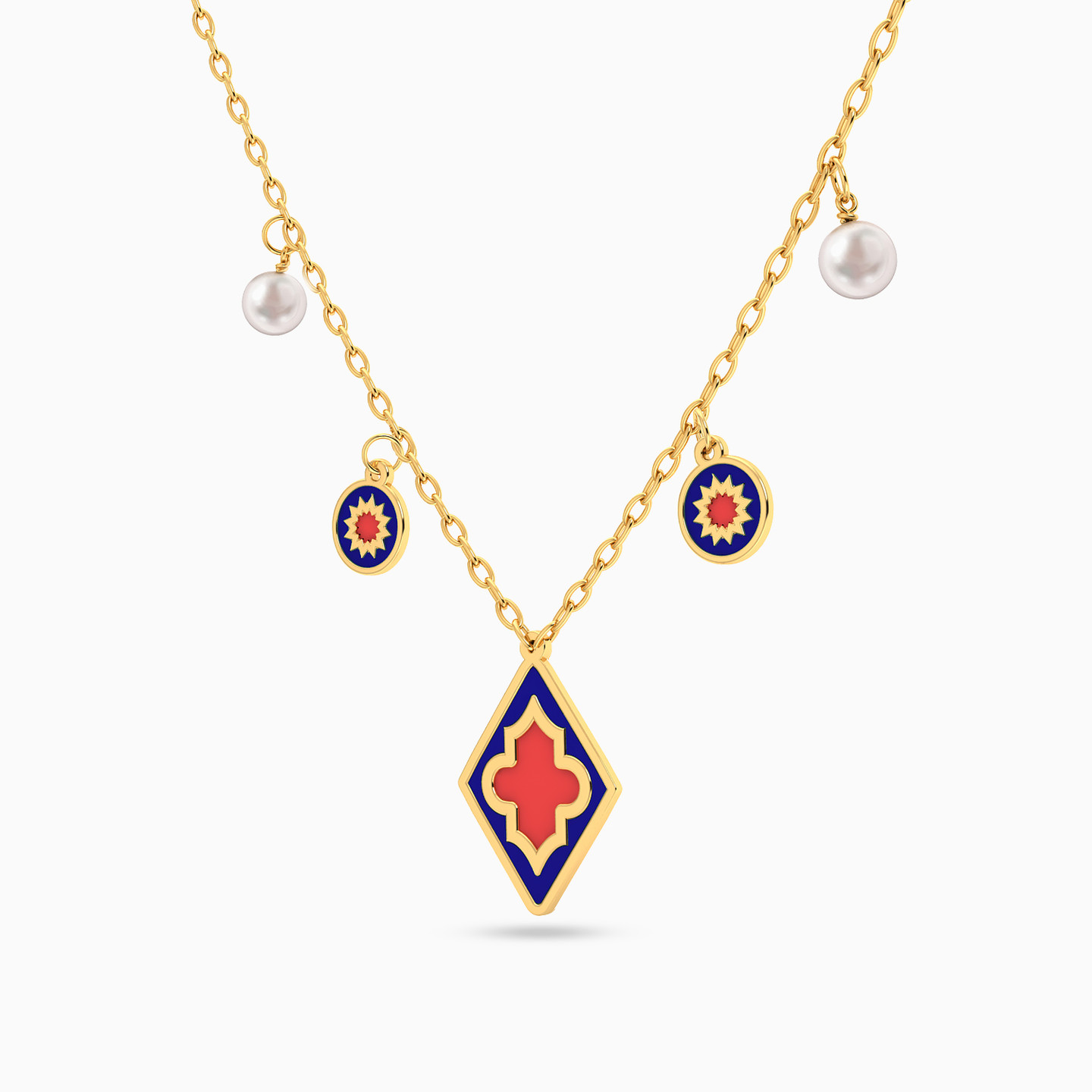 Rhombus Pearl & Colored Stones Necklace in 18K Gold - 2 Rhombus Pearl & Colored Stones Necklace in 18K Gold - 2
