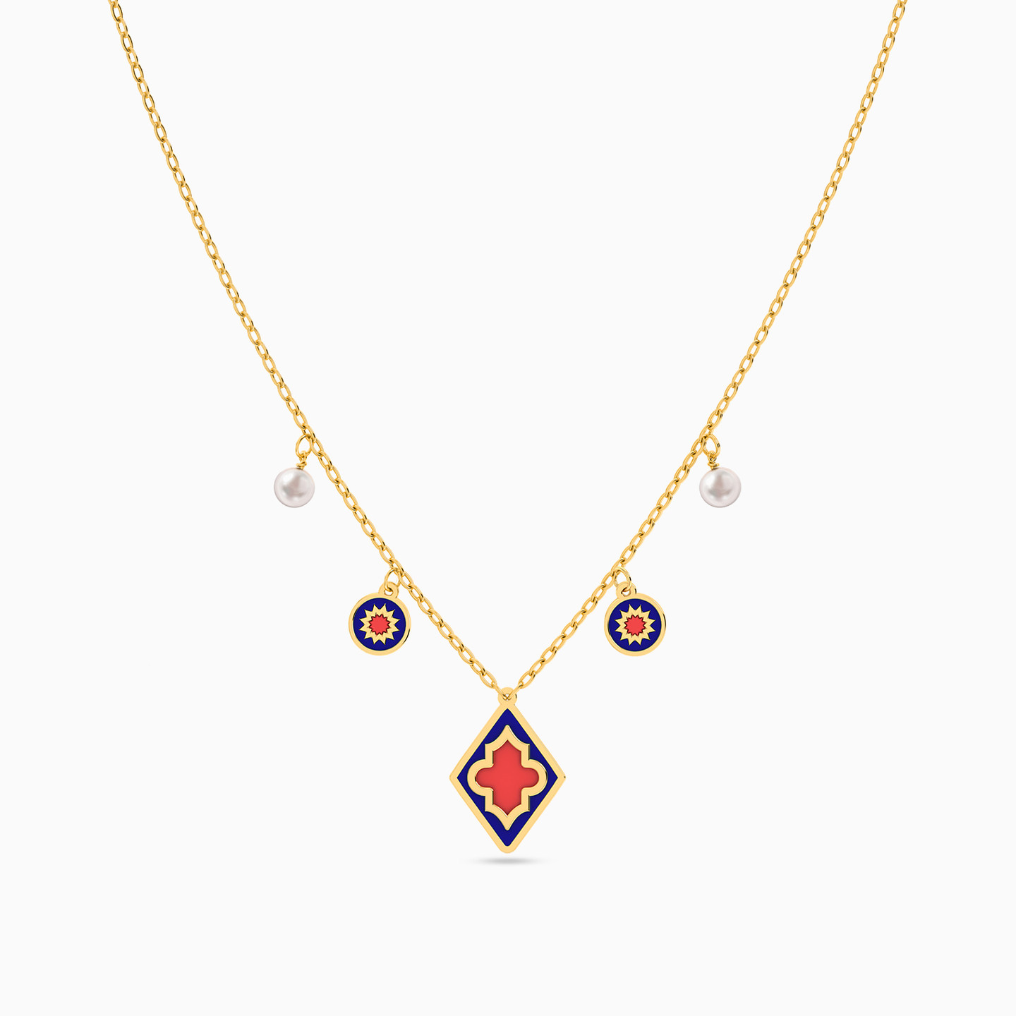 Rhombus Pearl & Colored Stones Necklace in 18K Gold - 3 Rhombus Pearl & Colored Stones Necklace in 18K Gold - 3