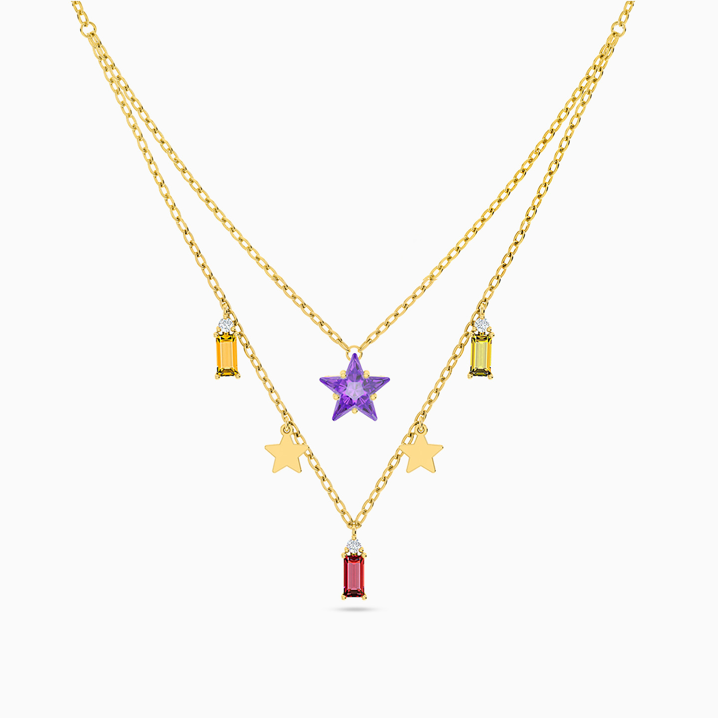 18K Gold Colored Stones Layered Necklace - 3