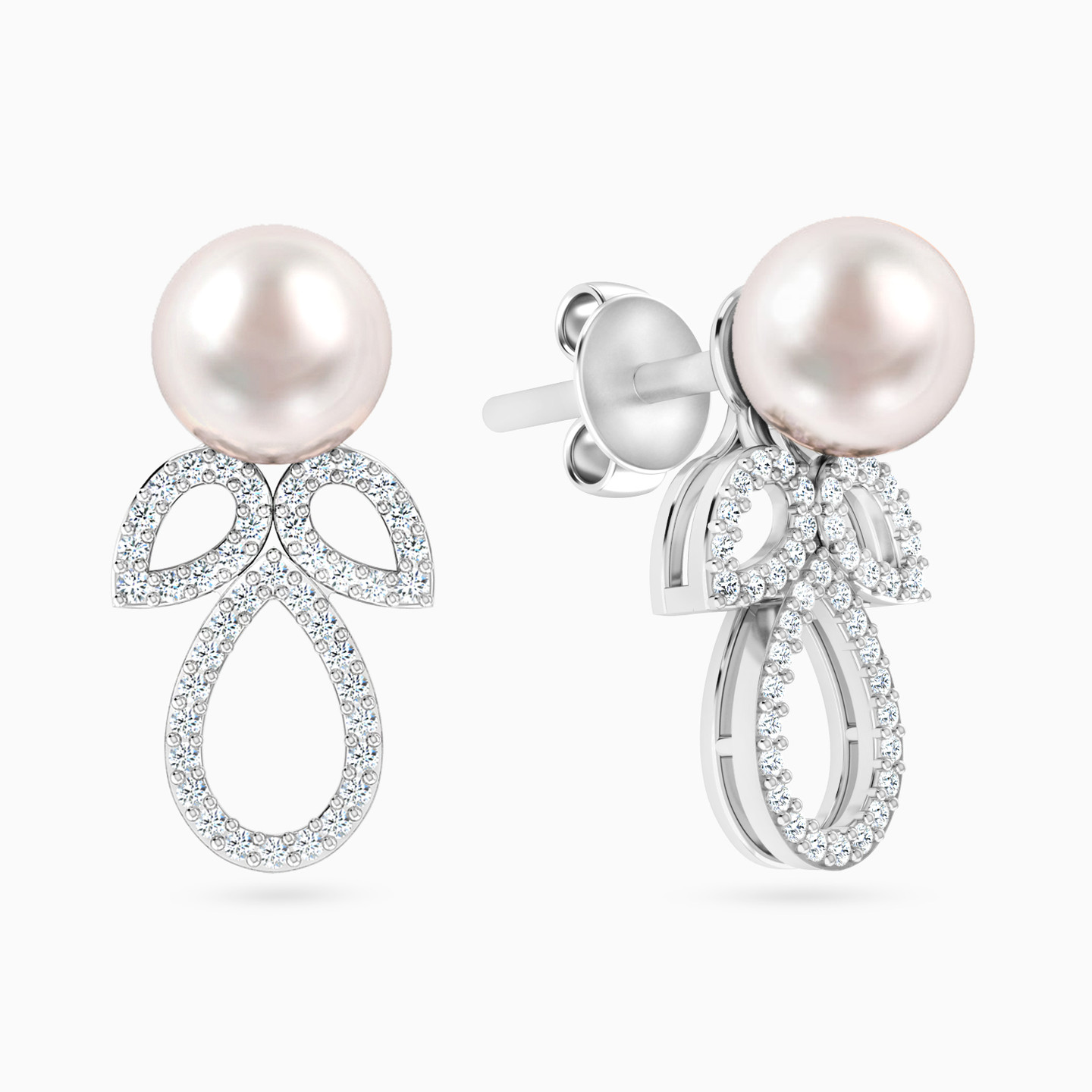 18K Gold Diamond & Pearls Stud Earrings - 2