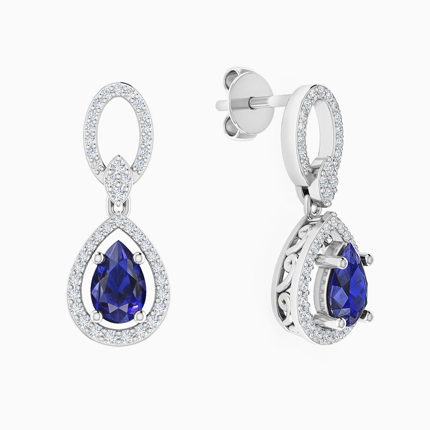 Pear Diamond & Blue Stone Drop Earrings in 18K Gold - 2 Pear Diamond & Blue Stone Drop Earrings in 18K Gold - 2