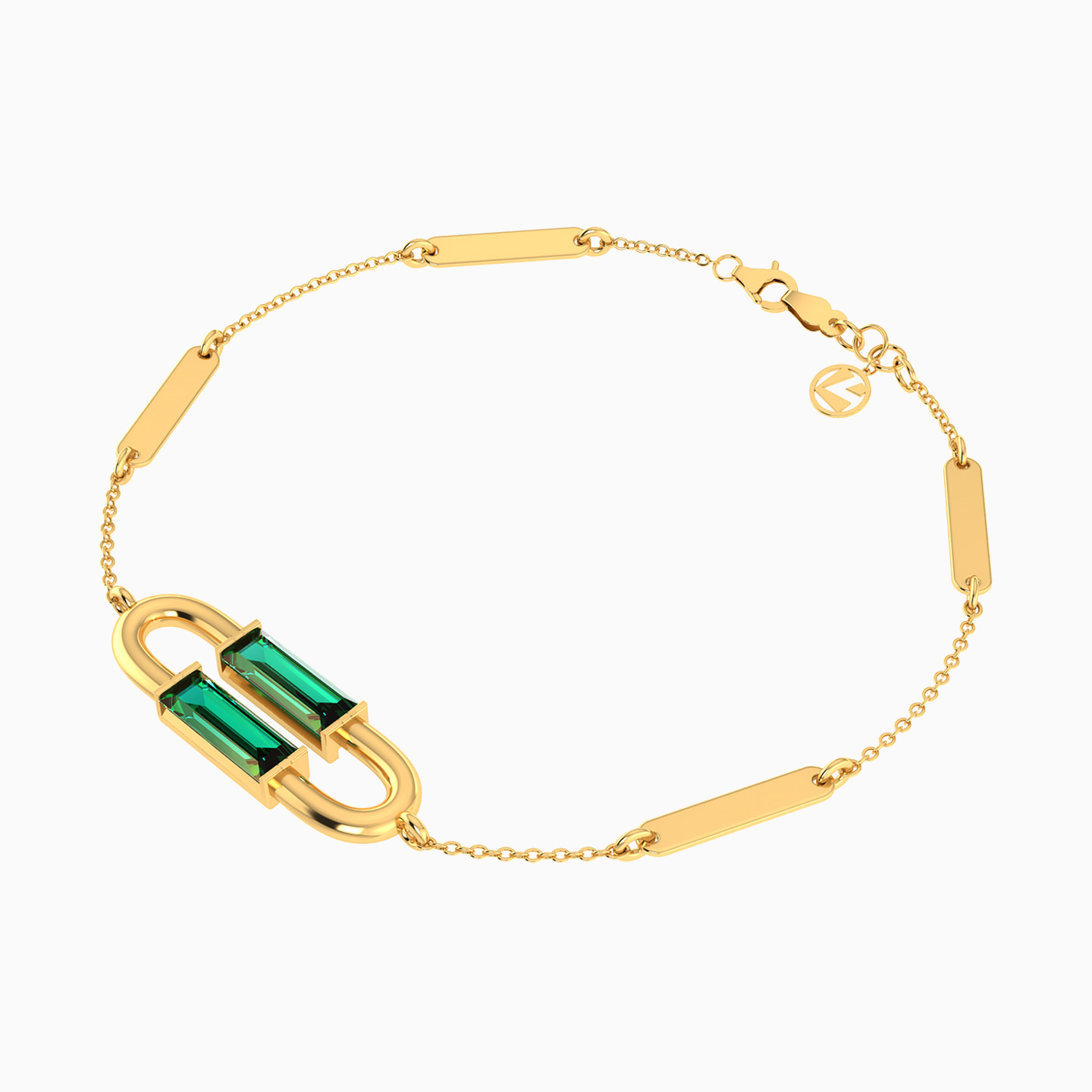 أسورة بسلسلة ذهب باجيت عيار 18 قيراط مزينة بحجر أخضر - 2 أسورة بسلسلة ذهب باجيت عيار 18 قيراط مزينة بحجر أخضر - 2