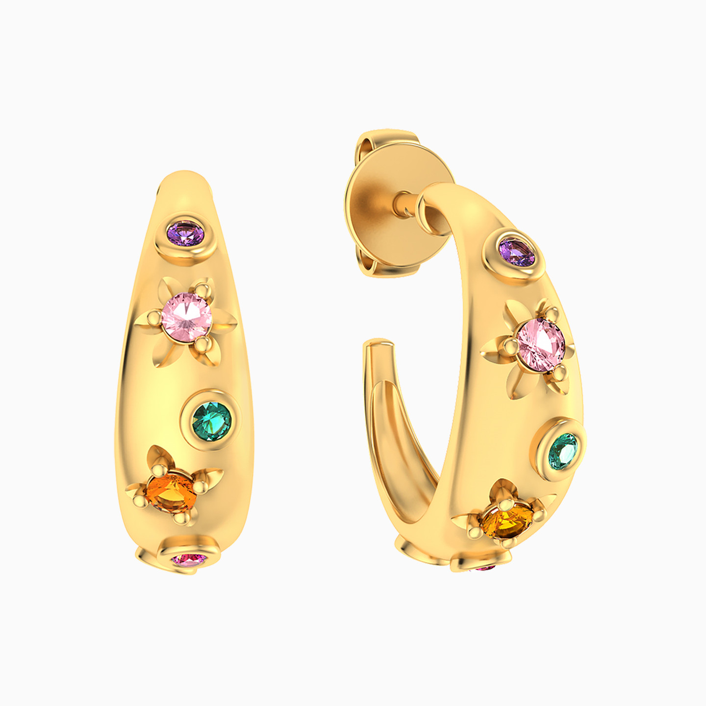 14K Gold Colored Stones Hoop Earrings