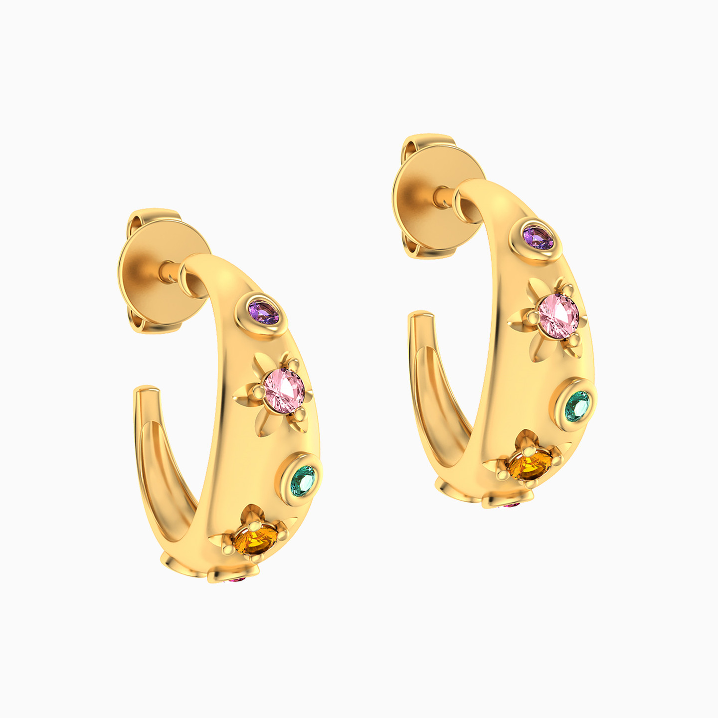 14K Gold Colored Stones Hoop Earrings - 2