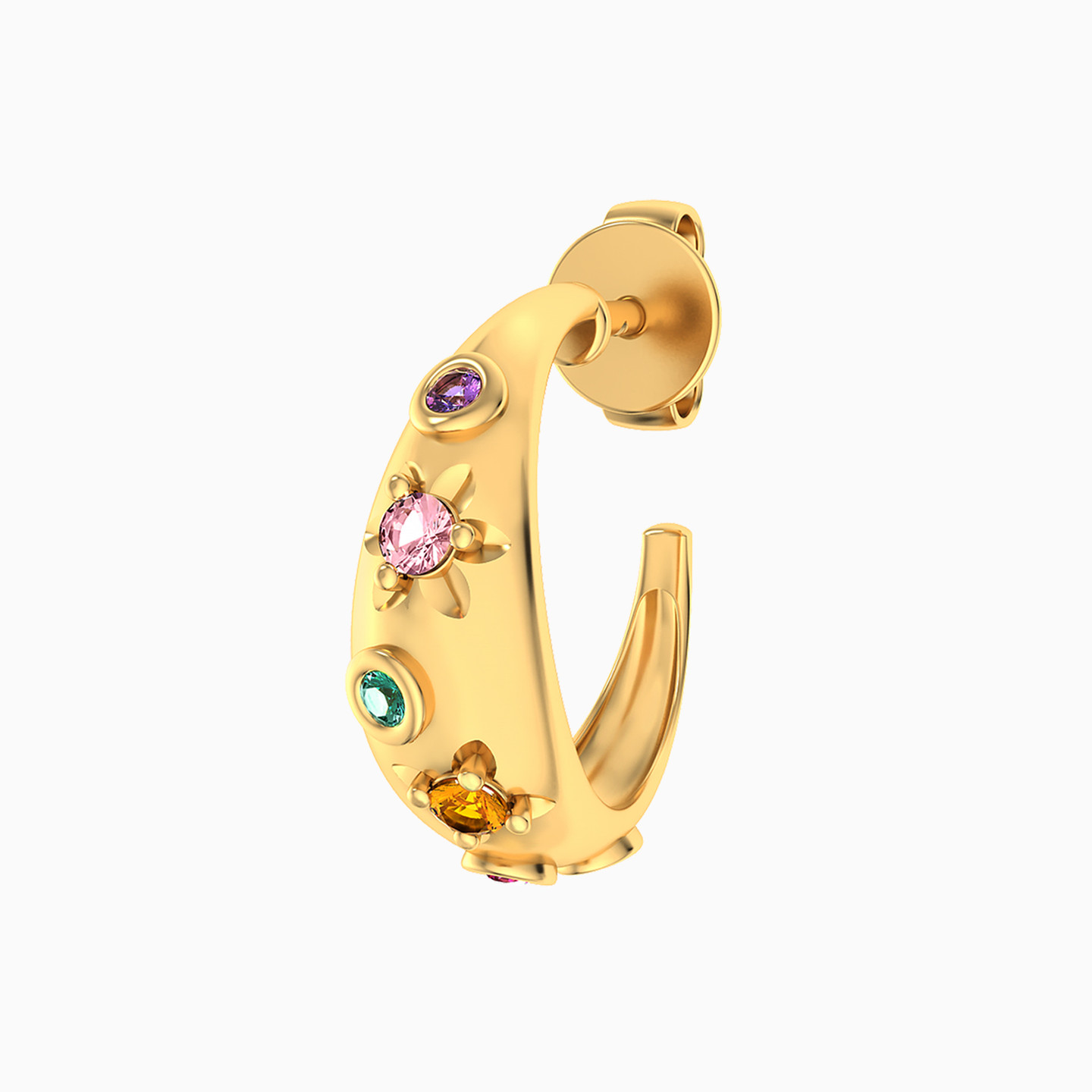14K Gold Colored Stones Hoop Earrings - 3