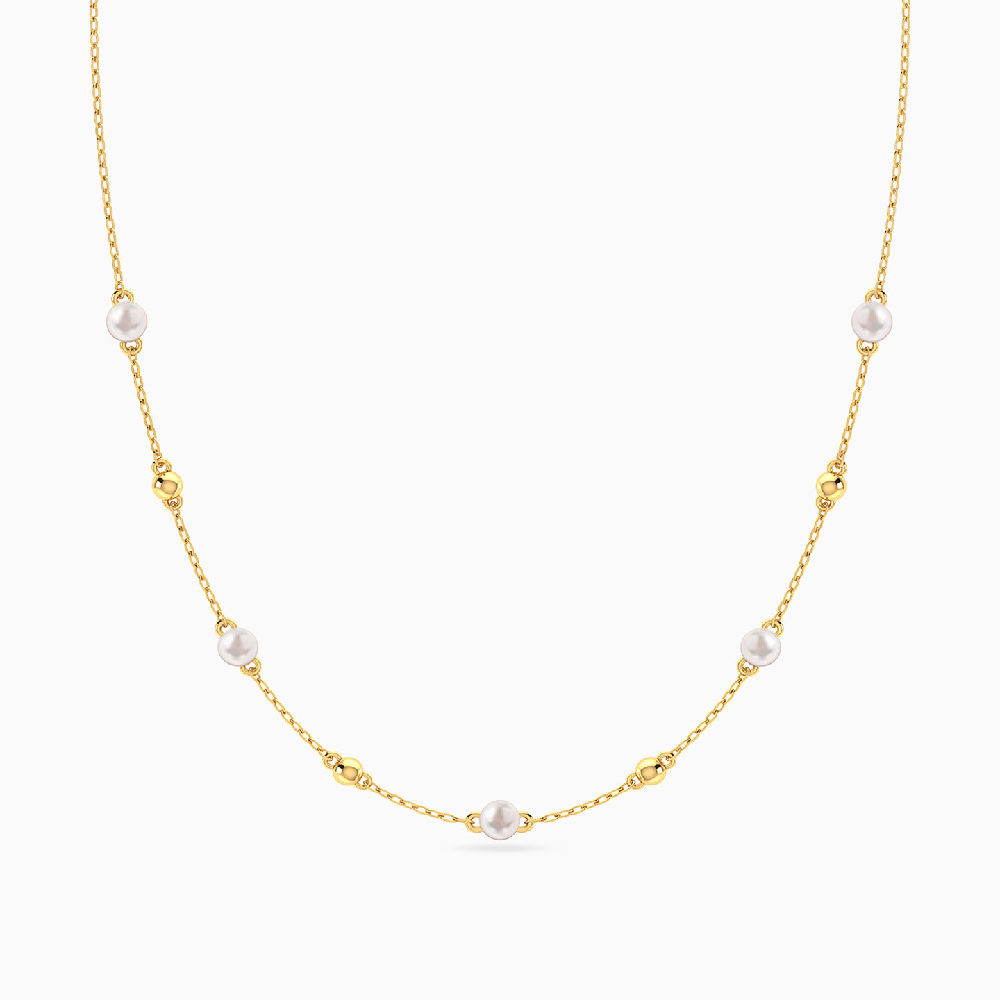 Round Pearls Chain Necklace in 14K Gold - 3 Round Pearls Chain Necklace in 14K Gold - 3