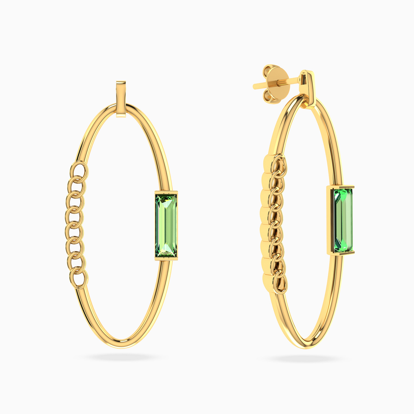 Open Oval & Baguette Green Stone Drop Earrings in 18K Gold - 2 Open Oval & Baguette Green Stone Drop Earrings in 18K Gold - 2