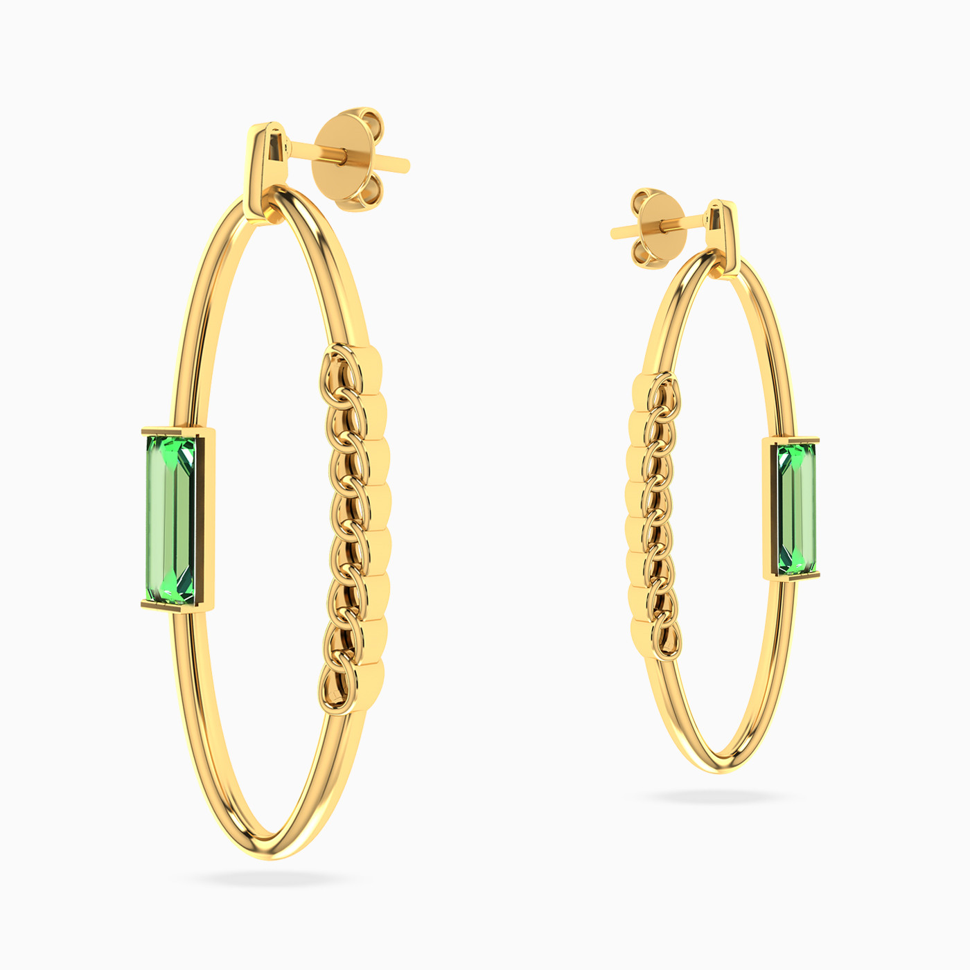 Open Oval & Baguette Green Stone Drop Earrings in 18K Gold - 3 Open Oval & Baguette Green Stone Drop Earrings in 18K Gold - 3