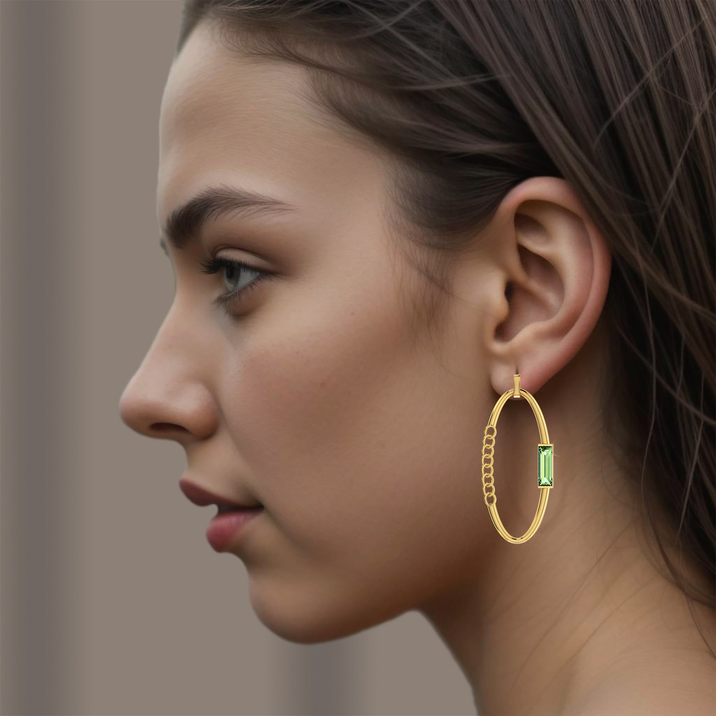 Open Oval & Baguette Green Stone Drop Earrings in 18K Gold - 4 Open Oval & Baguette Green Stone Drop Earrings in 18K Gold - 4