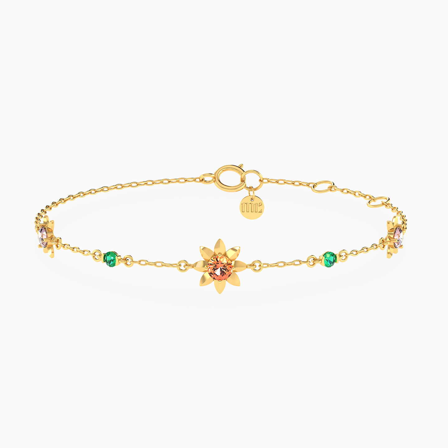 Flower Colored Stones Chain Bracelet in 14K Gold Flower Colored Stones Chain Bracelet in 14K Gold
