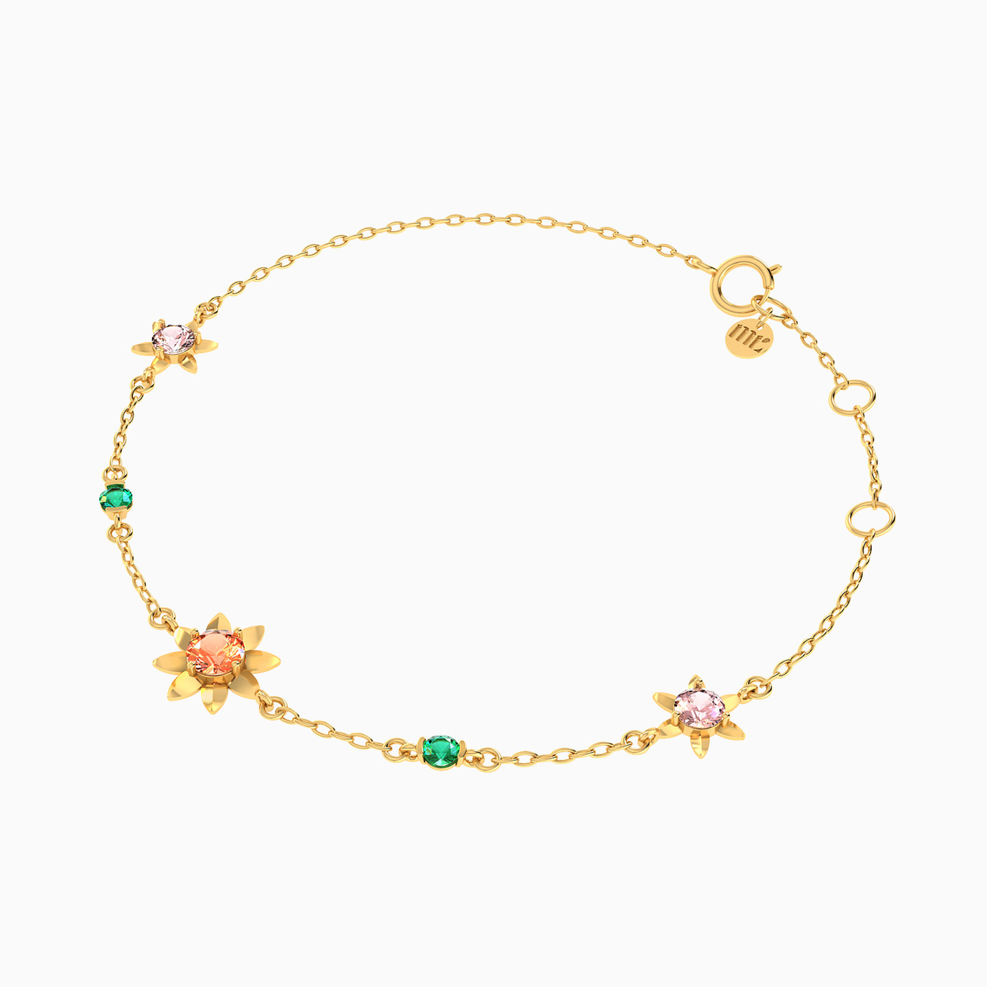 Flower Colored Stones Chain Bracelet in 14K Gold - 2 Flower Colored Stones Chain Bracelet in 14K Gold - 2