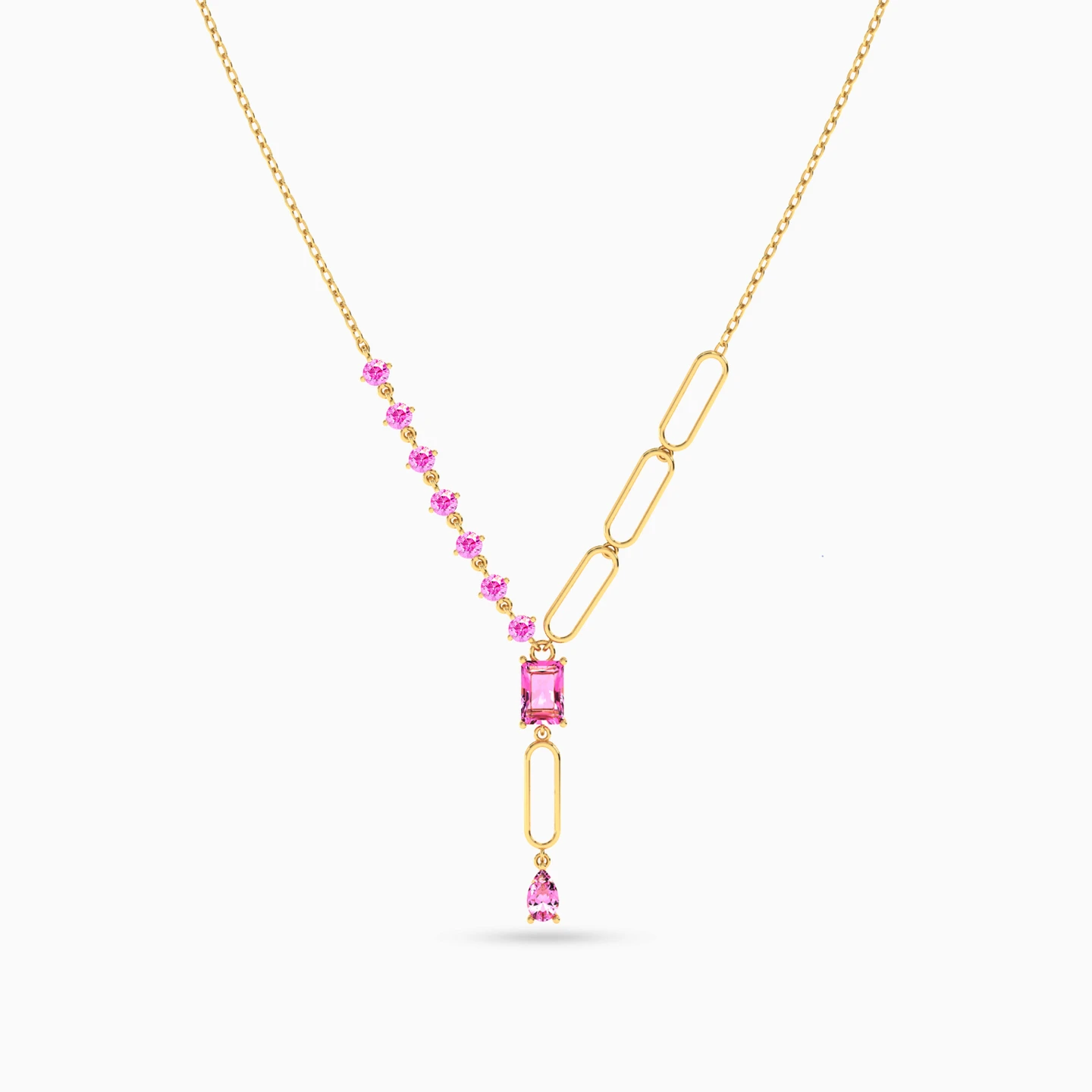 Links Rose Stone Necklace in 14K Gold - 3 Links Rose Stone Necklace in 14K Gold - 3