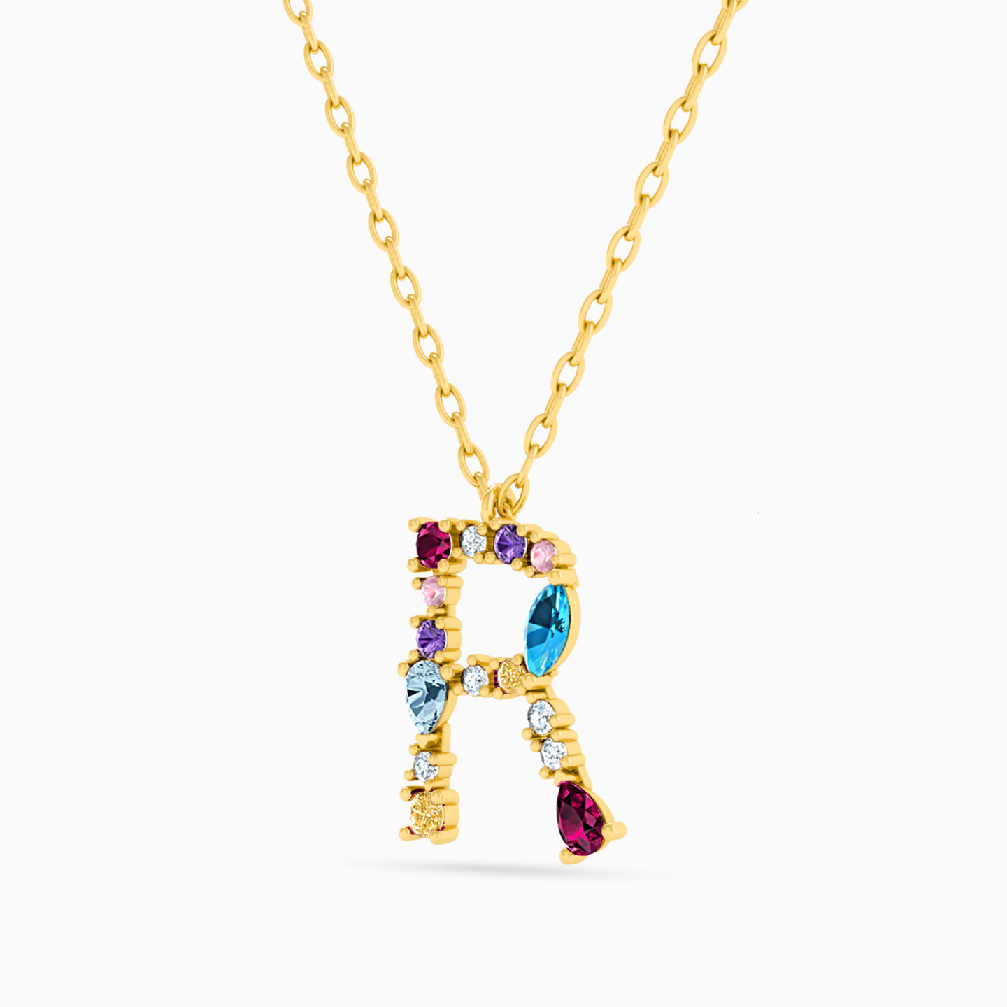 Letter R Shaped Colored Stones Pendant with 18K Gold Chain - 2