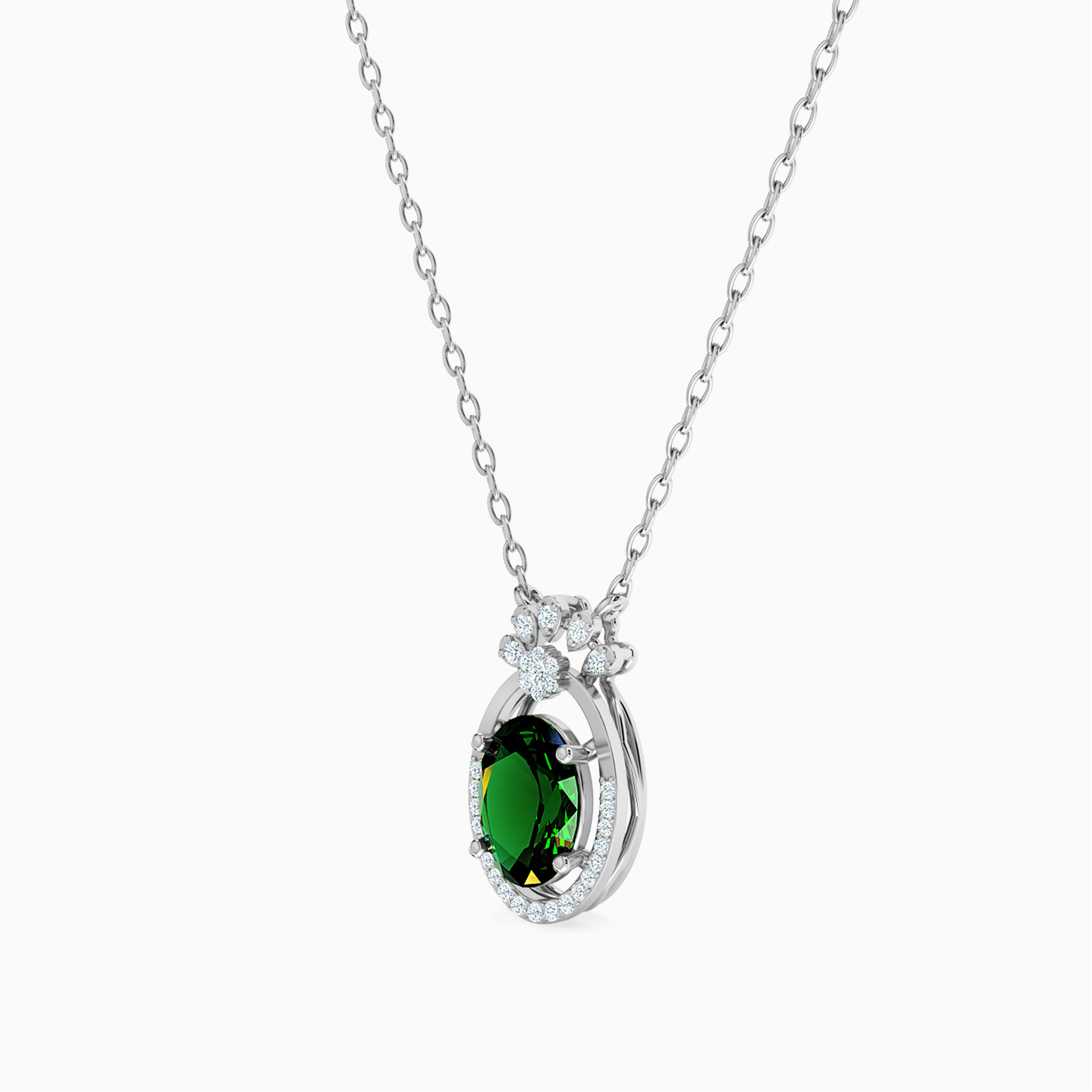 Oval Diamond & Green Stones Necklace in 18K Gold - 2 Oval Diamond & Green Stones Necklace in 18K Gold - 2