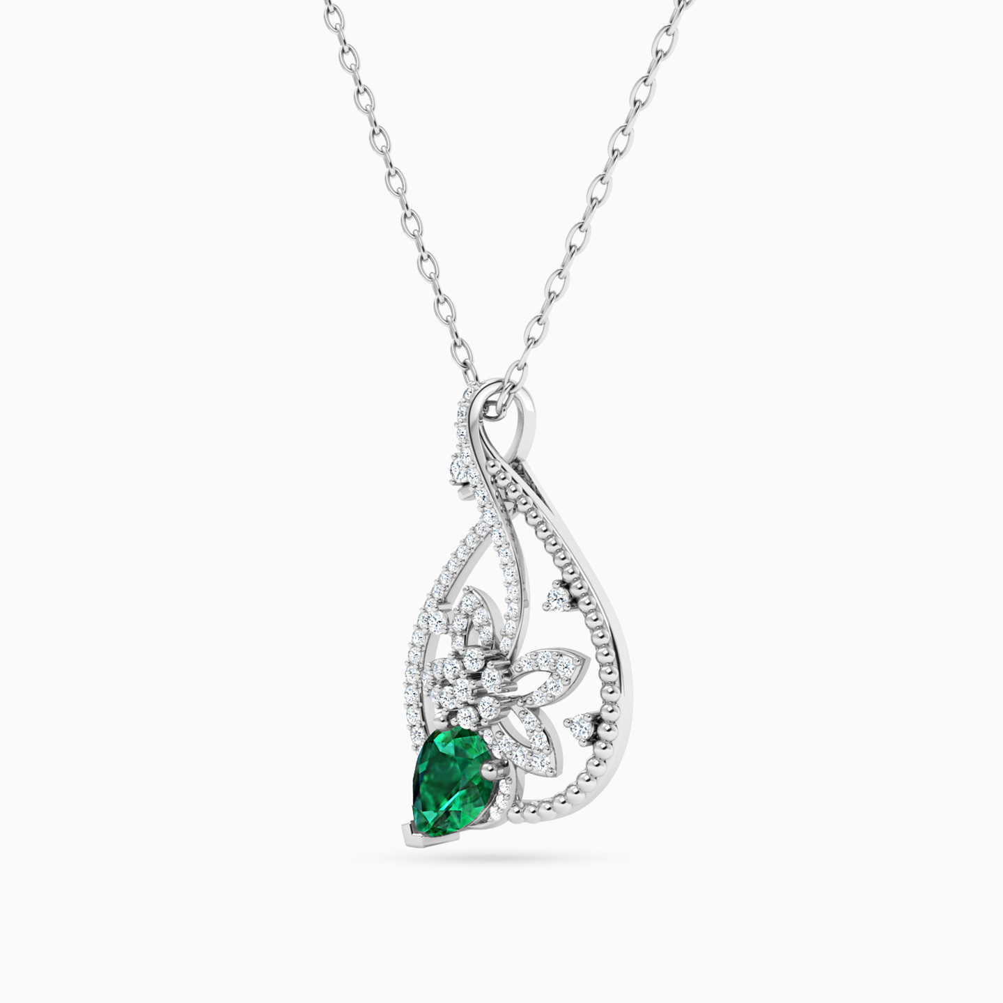 Pear Diamond & Green Stones Necklace in 18K Gold - 4 Pear Diamond & Green Stones Necklace in 18K Gold - 4