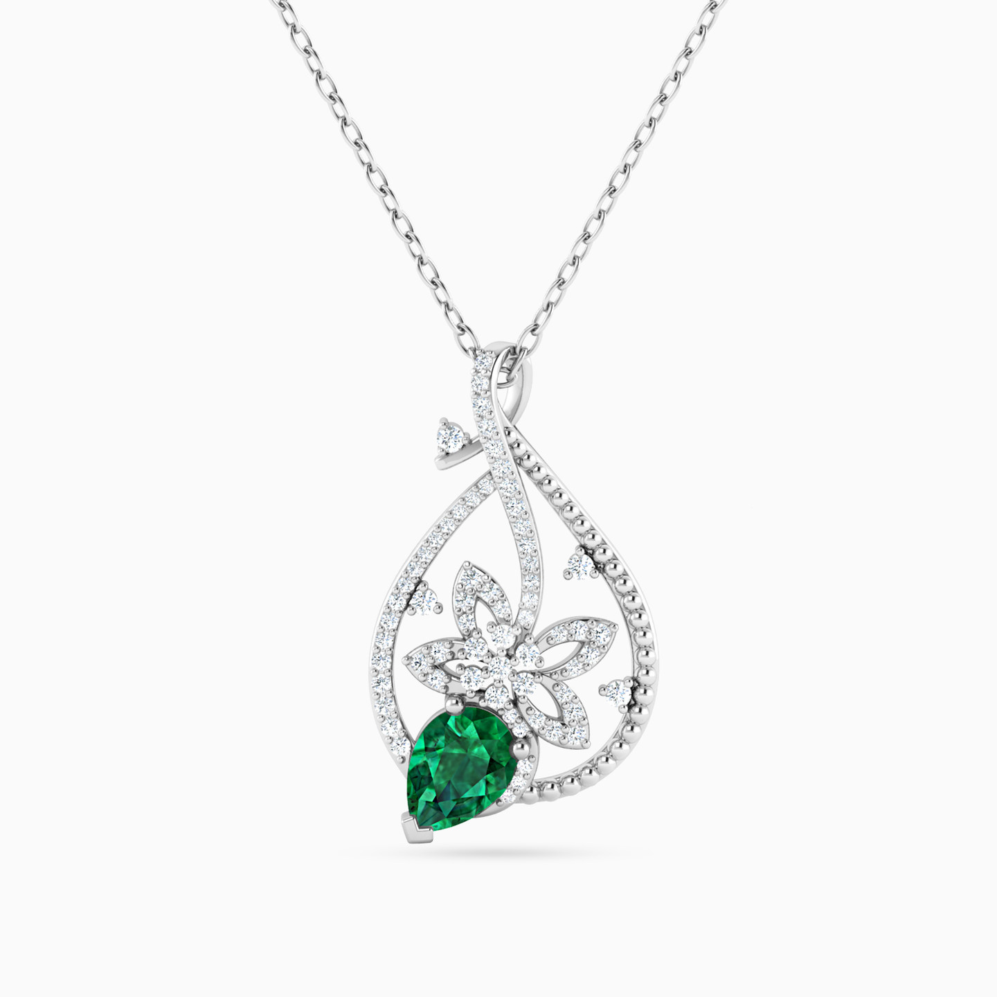 Pear Diamond & Green Stones Necklace in 18K Gold - 3 Pear Diamond & Green Stones Necklace in 18K Gold - 3