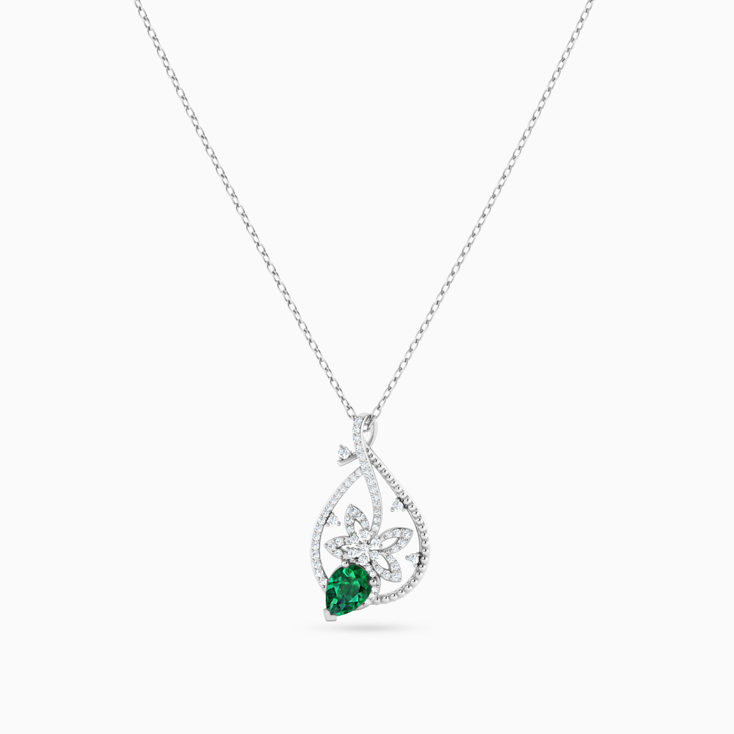 Pear Diamond & Green Stones Necklace in 18K Gold - 5 Pear Diamond & Green Stones Necklace in 18K Gold - 5