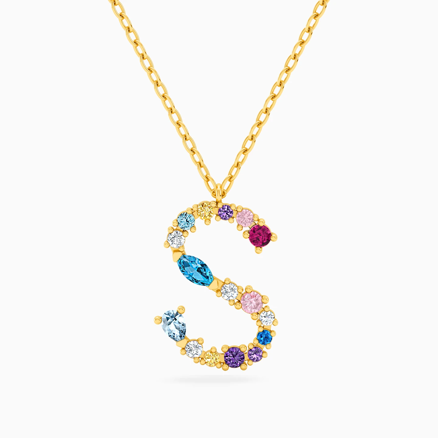 Letter S Colored Stones Necklace in 18K Gold Letter S Colored Stones Necklace in 18K Gold
