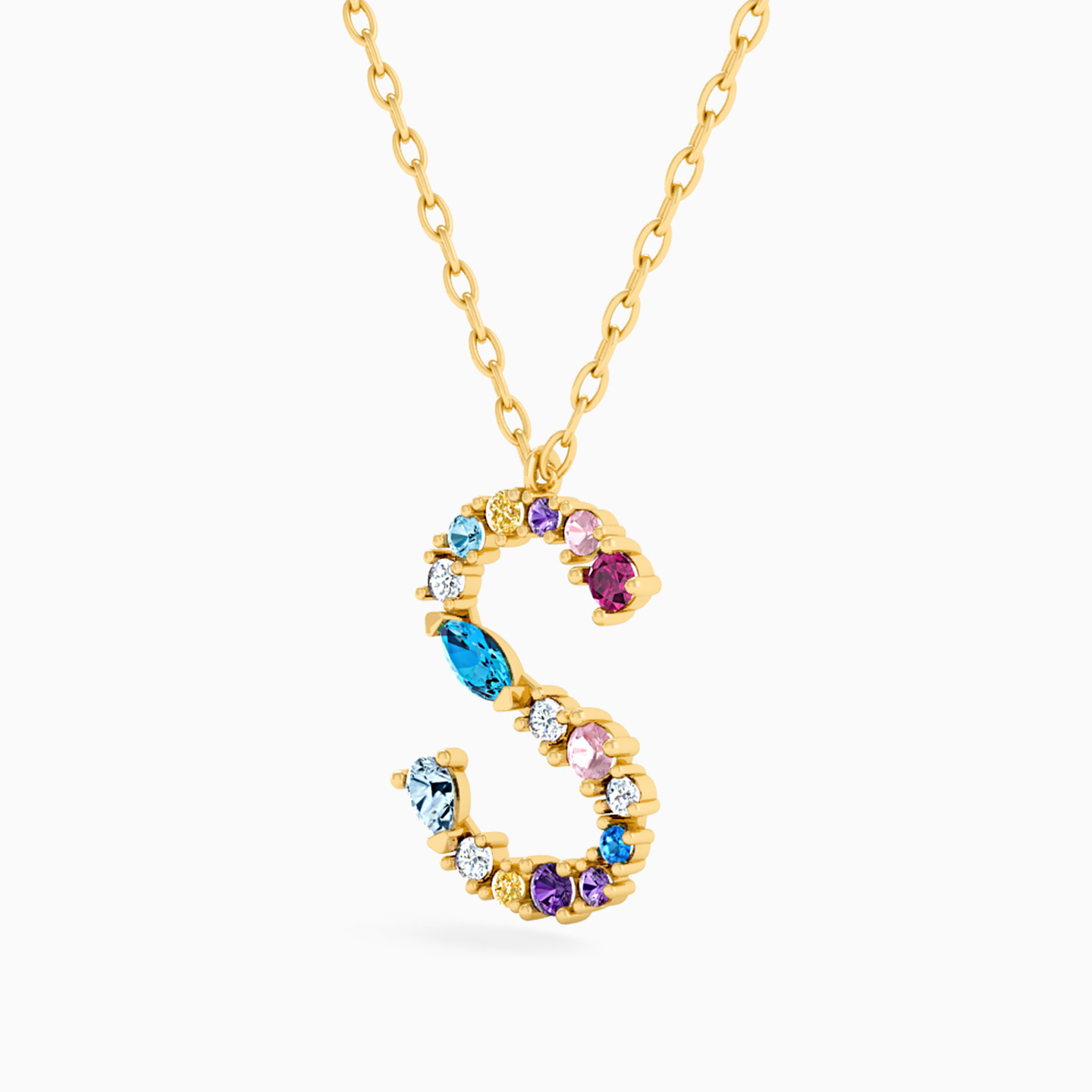 Letter S Colored Stones Necklace in 18K Gold - 2 Letter S Colored Stones Necklace in 18K Gold - 2