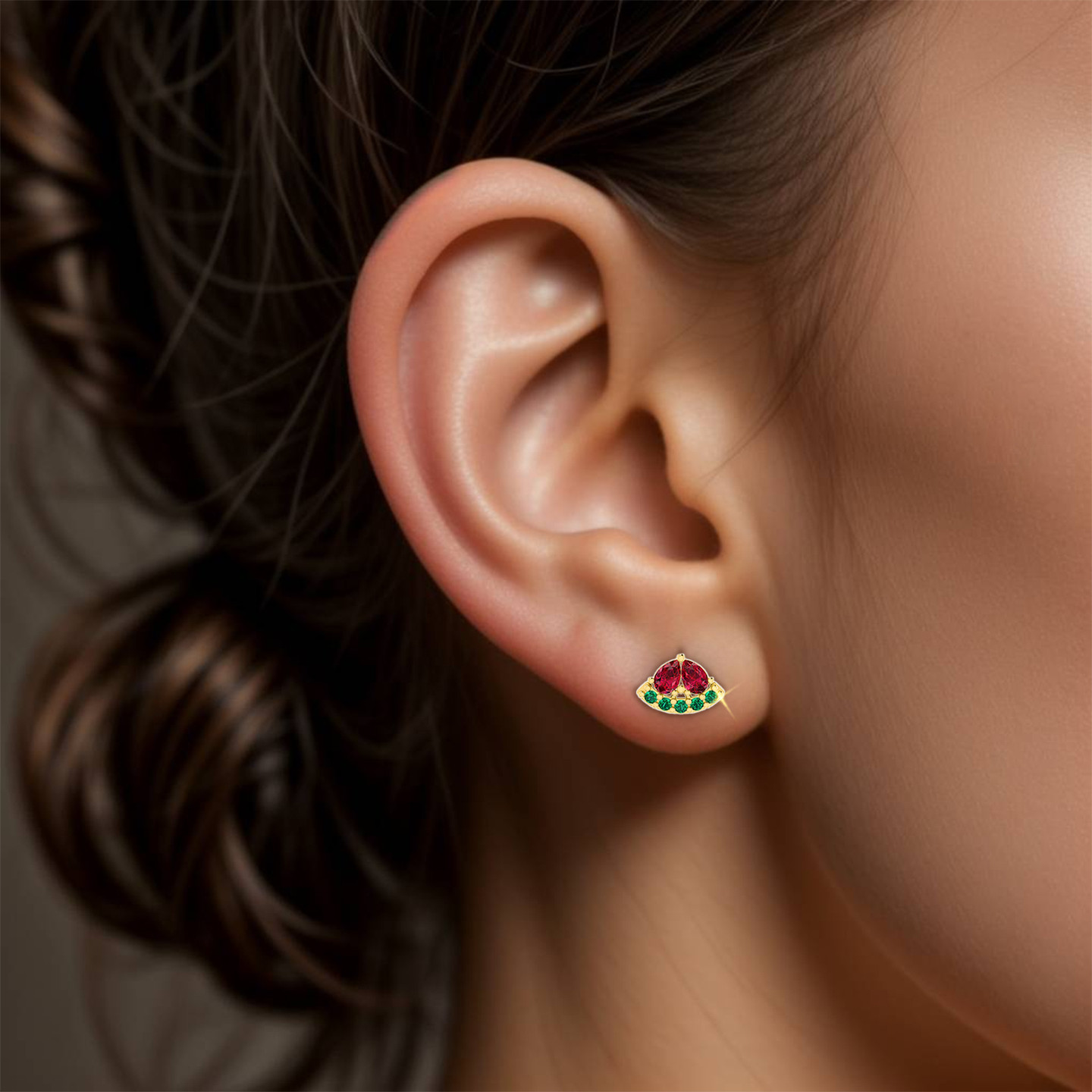 Watermelon Colored Stones Stud Earrings in 18K Gold - 4 Watermelon Colored Stones Stud Earrings in 18K Gold - 4