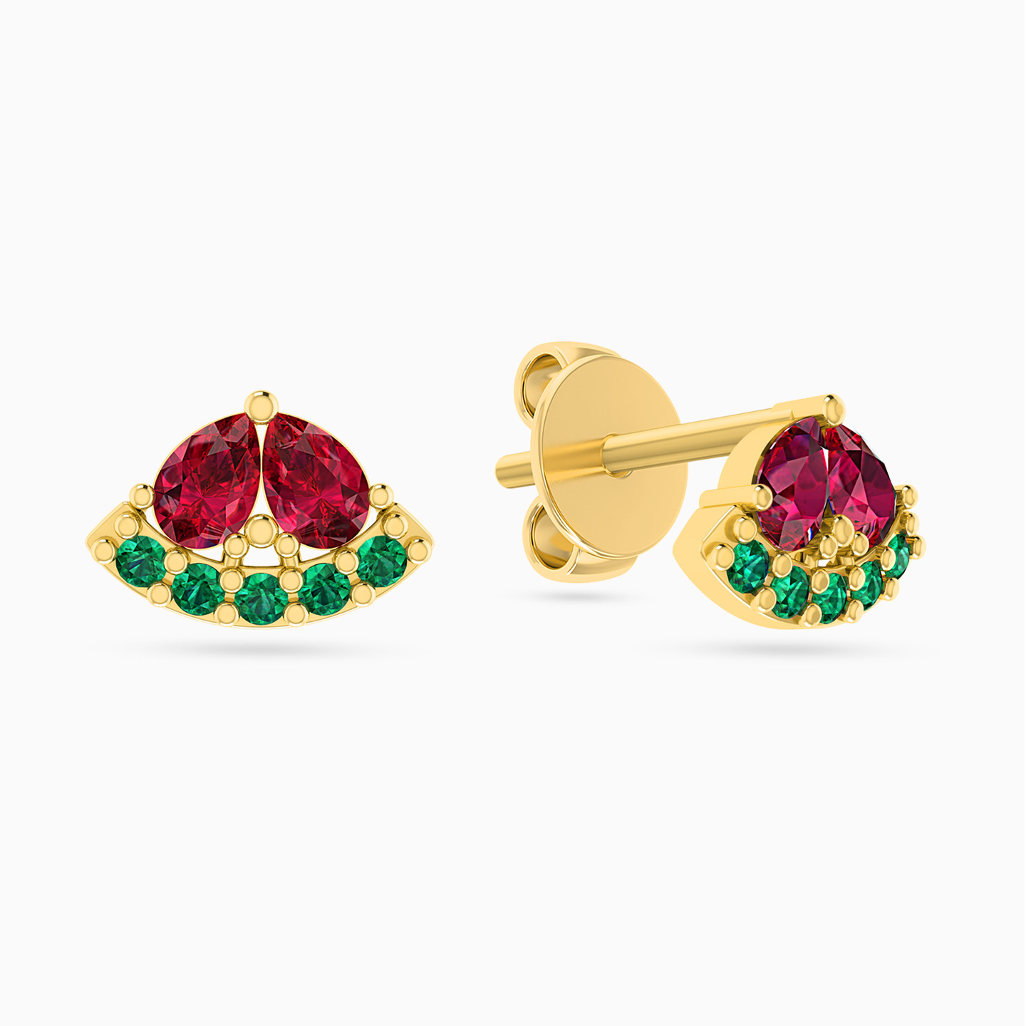 Watermelon Colored Stones Stud Earrings in 18K Gold - 2 Watermelon Colored Stones Stud Earrings in 18K Gold - 2