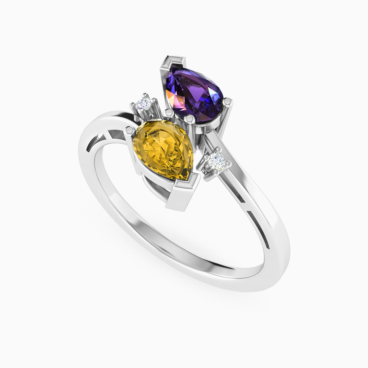 Pear Diamond & Colored Stones Two Headed Ring in 18K Gold - 7 Pear Diamond & Colored Stones Two Headed Ring in 18K Gold - 7